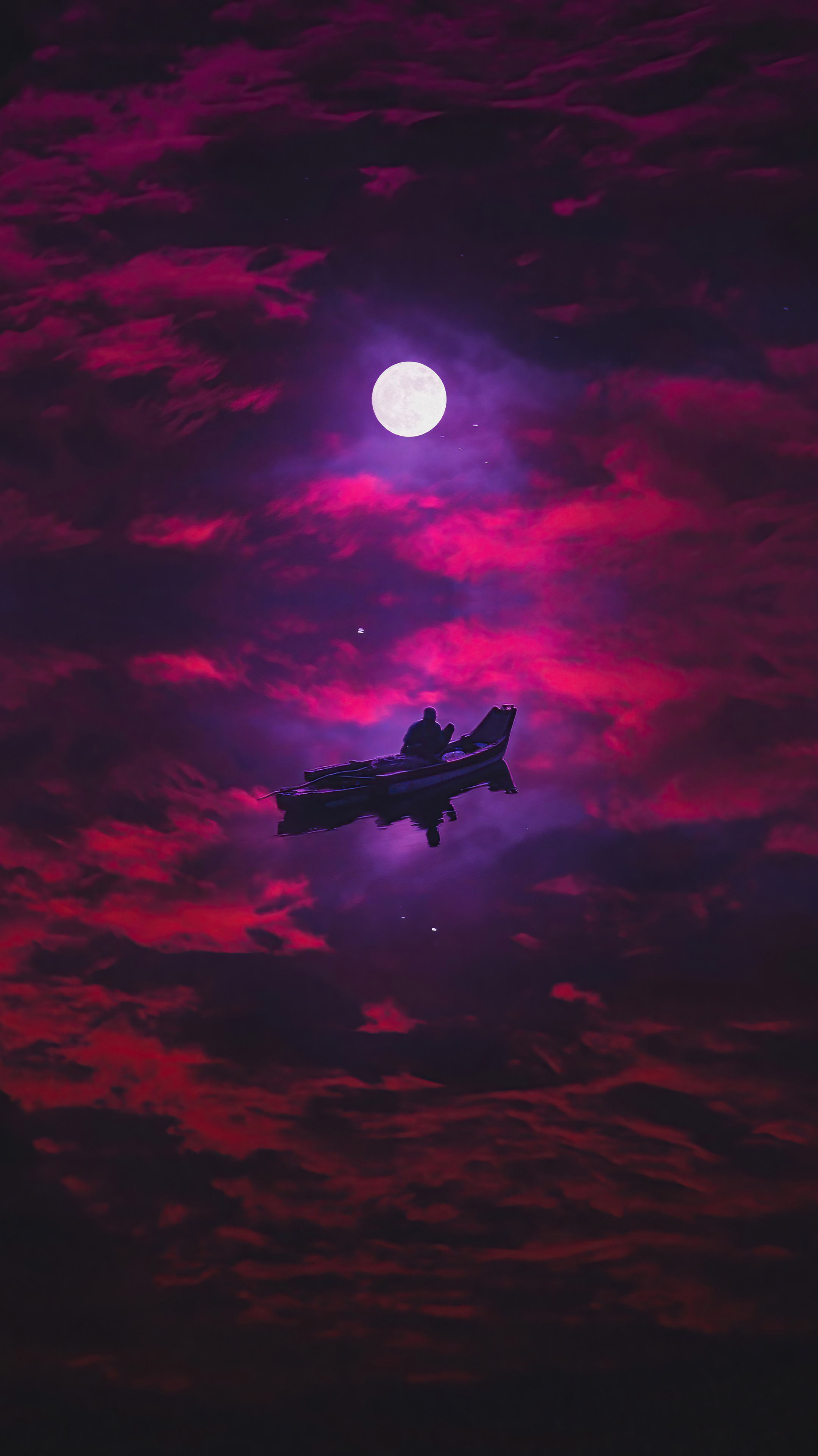 Spaceship flying through a purple and pink cloudy sky with a full moon HD Phone Wallpaper