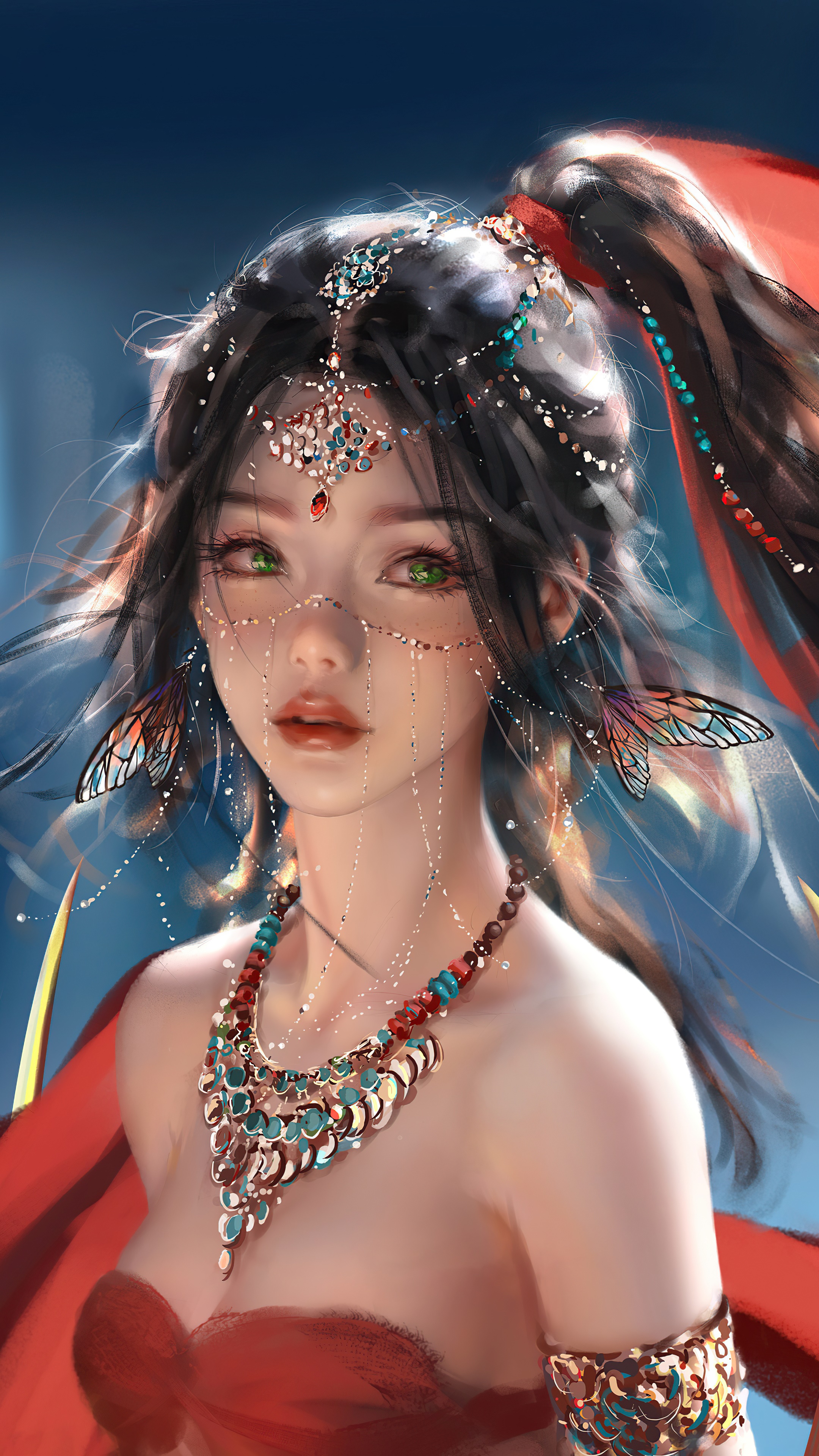 Digital art of a woman with elaborate jewelry HD Phone Wallpaper