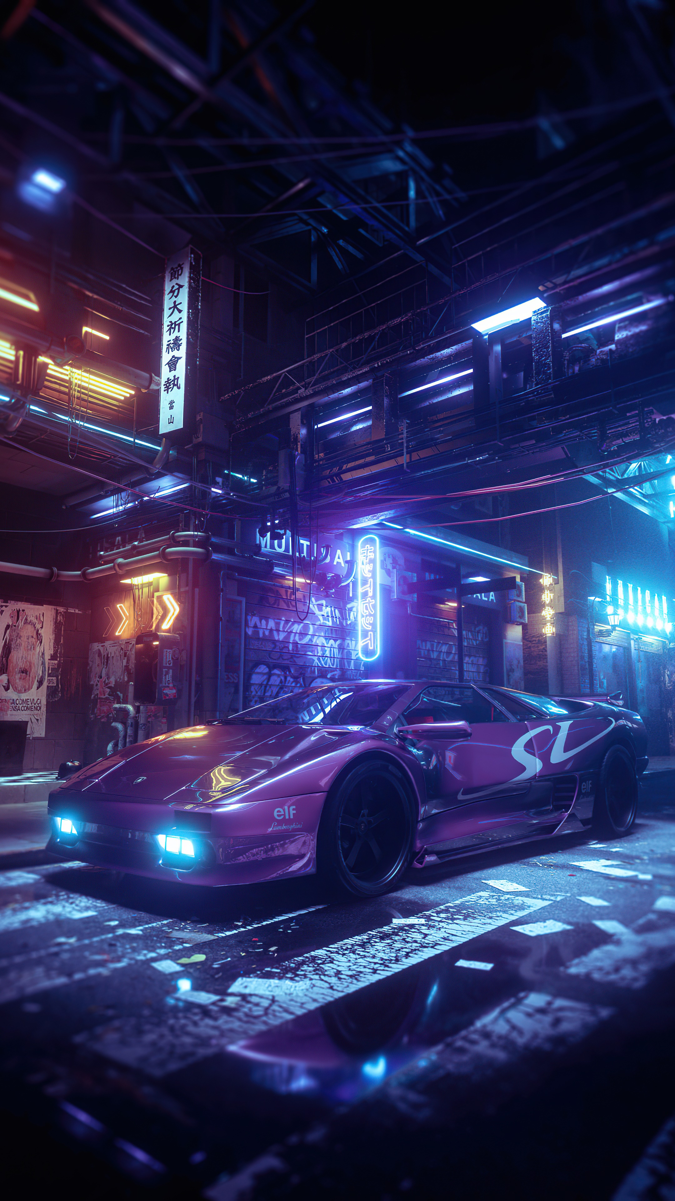 Purple Lamborghini in a Neon Cyberpunk City HD Phone Wallpaper