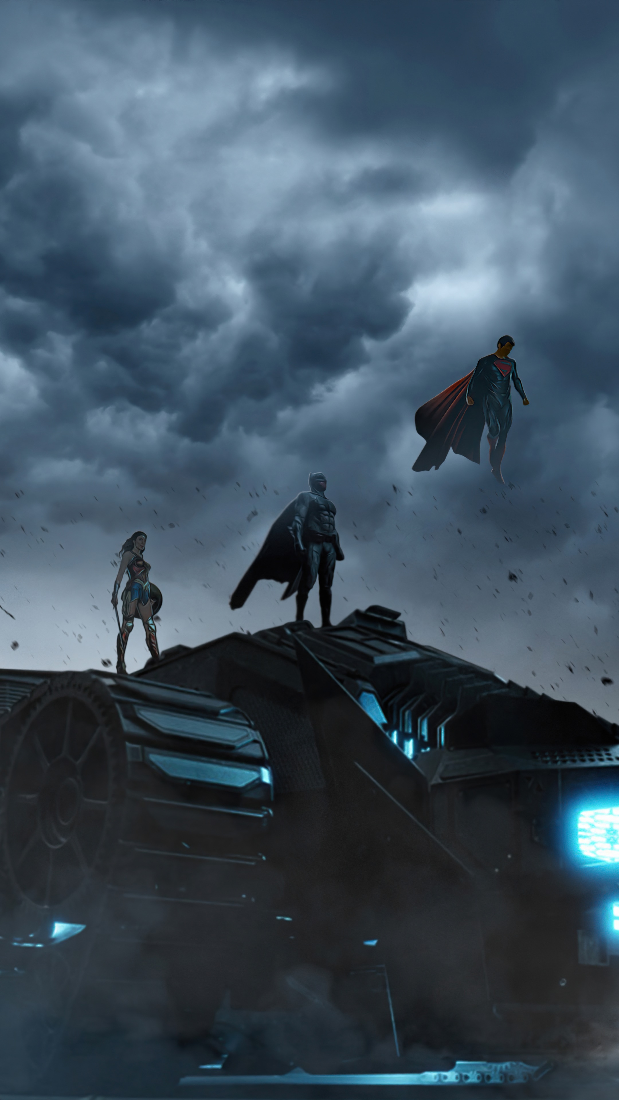 Superman, Batman, and Wonder Woman on a vehicle HD Phone Wallpaper