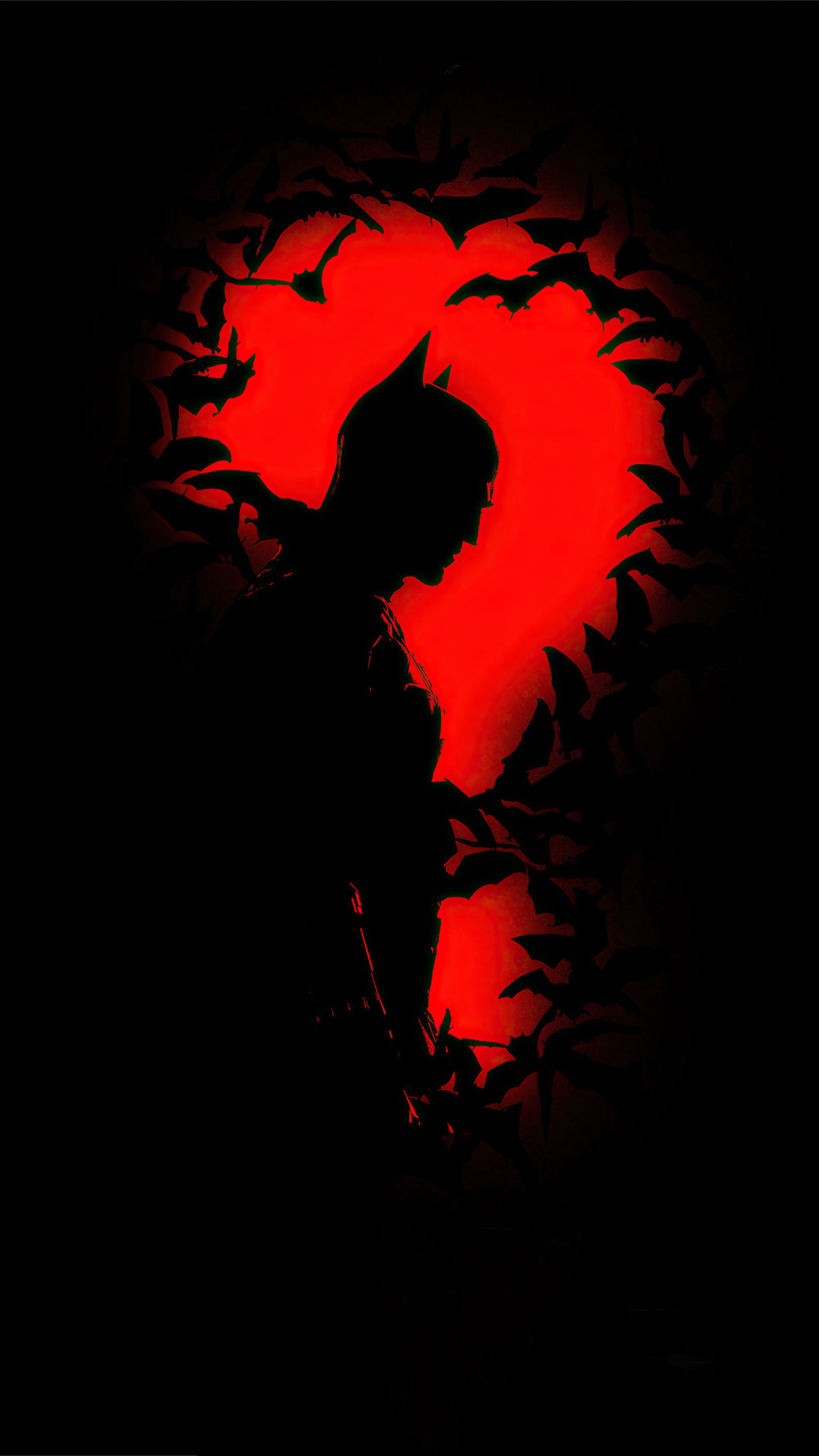 The Batman silhouette with red background and bats HD Phone Wallpaper