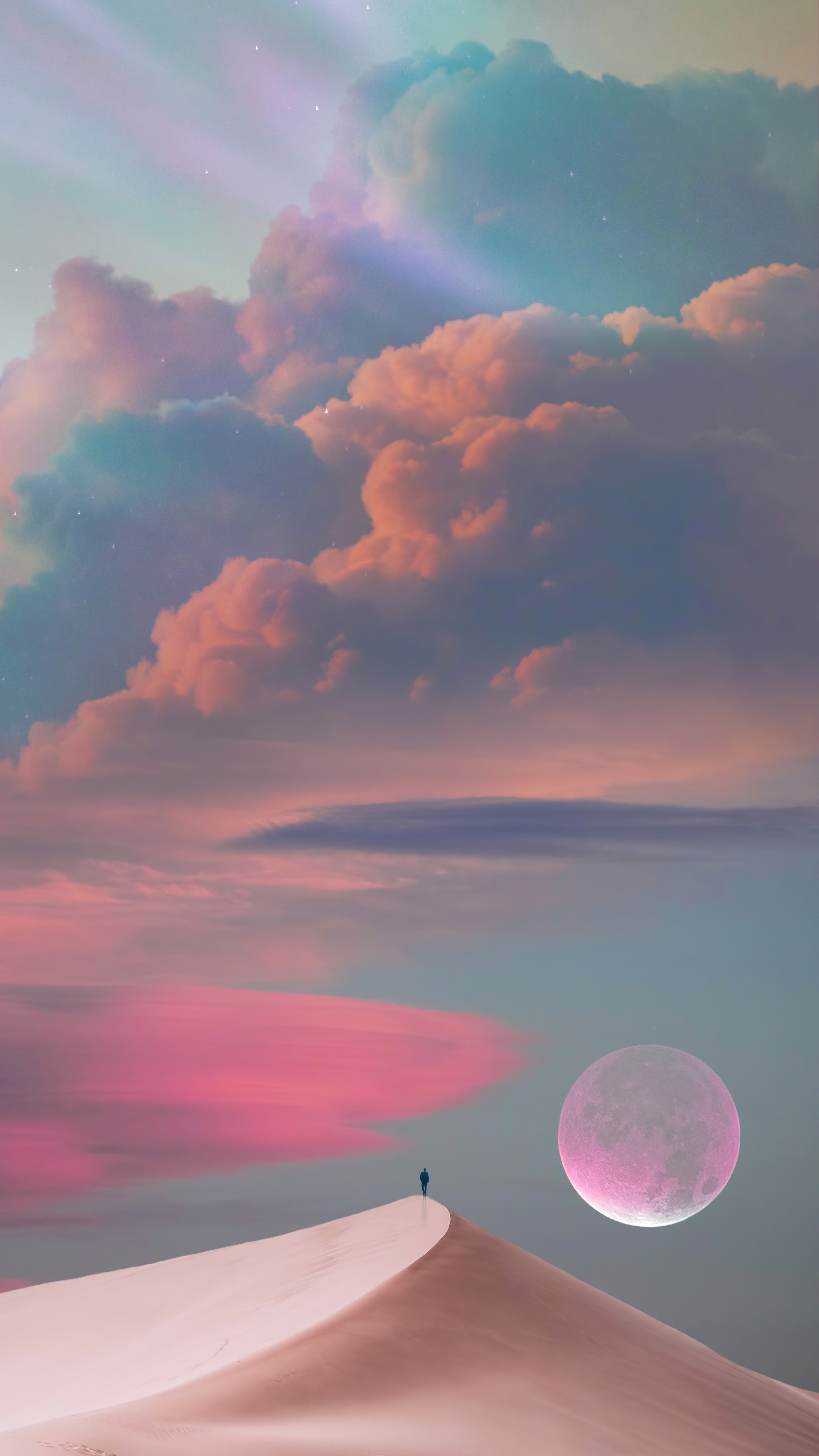 Man on Dune with Pink Moon and Clouds HD Phone Wallpaper