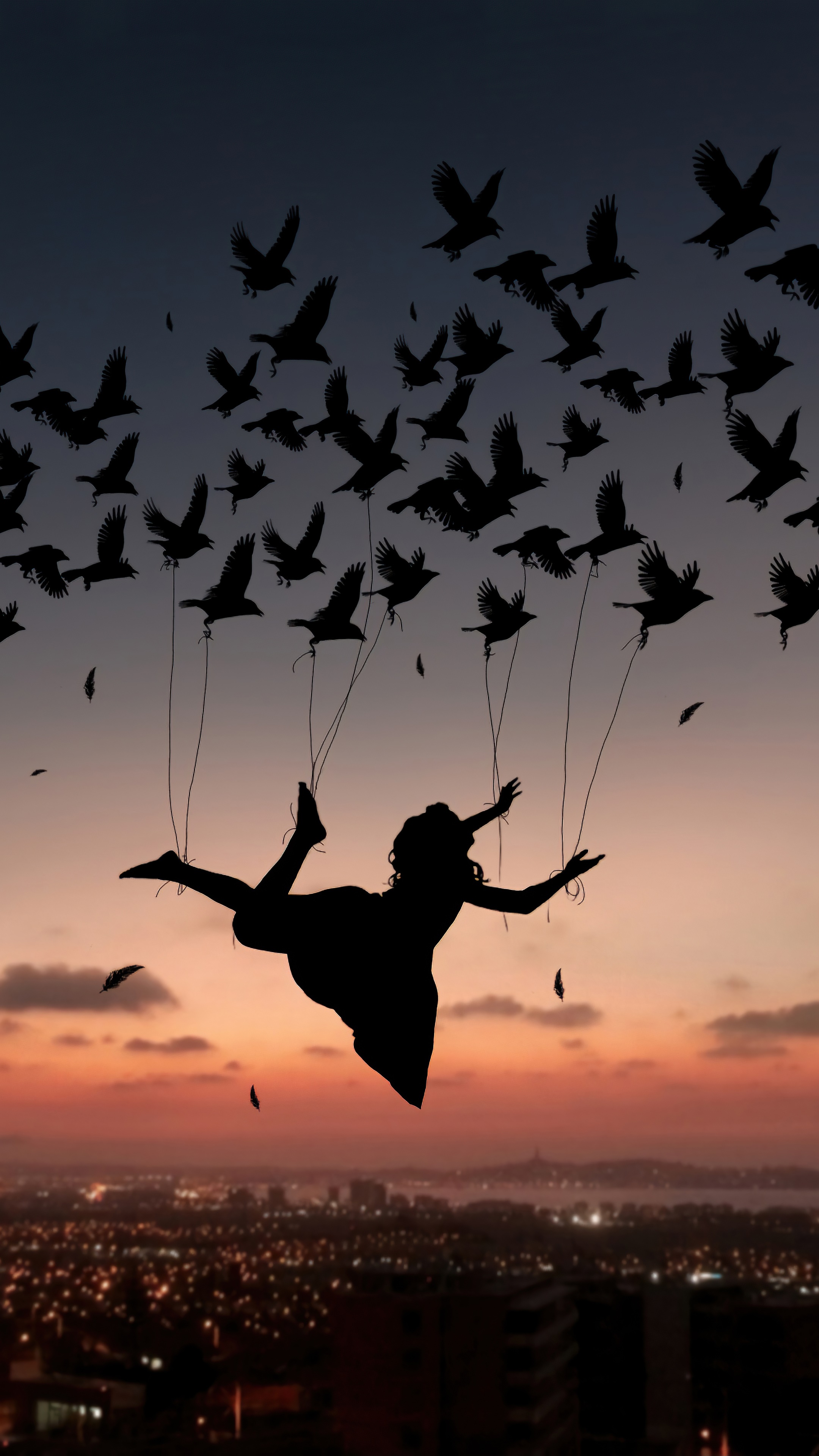 Silhouette of a girl suspended by birds at sunset HD Phone Wallpaper