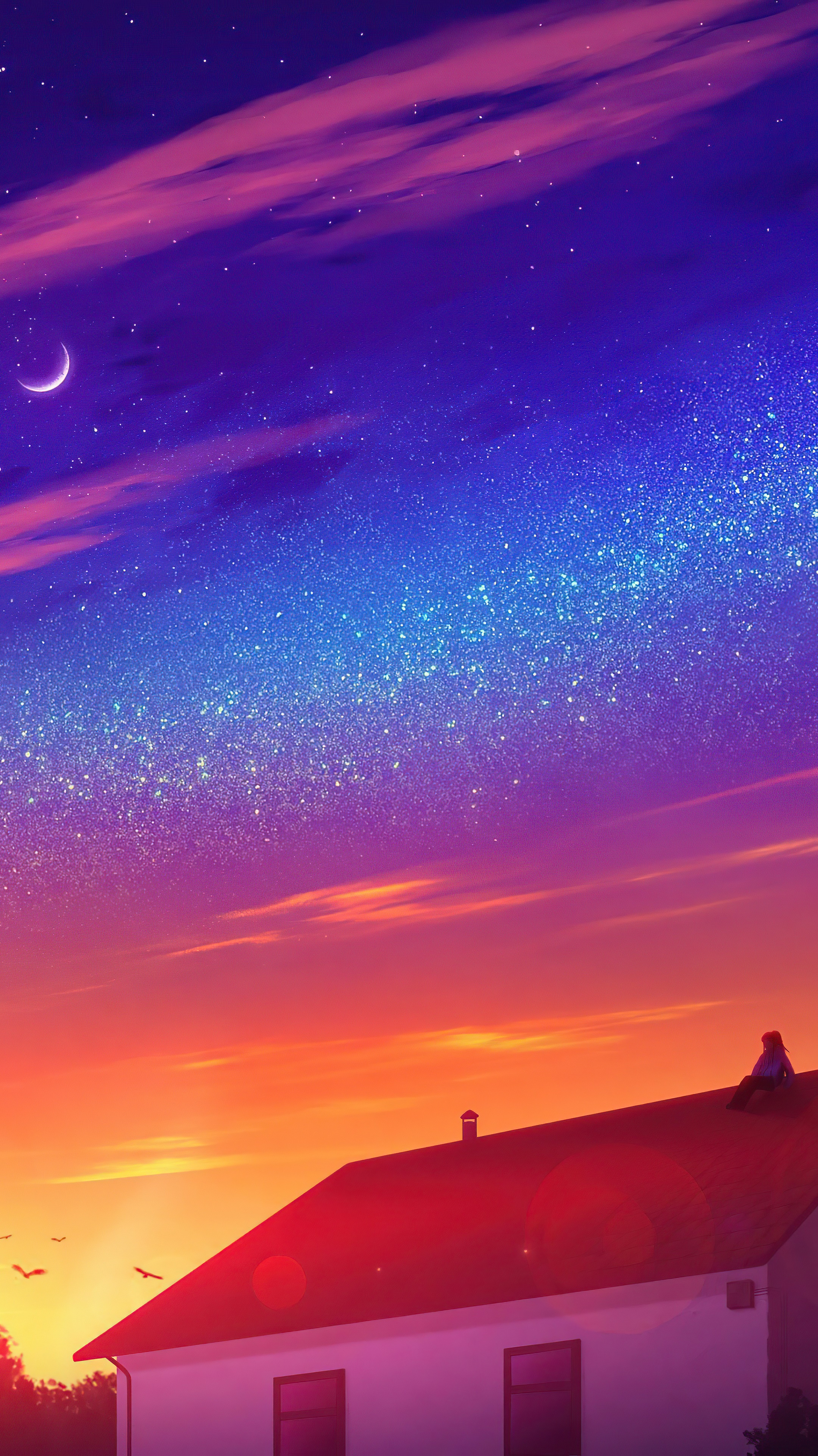 Person sitting on a rooftop under a starry sky HD Phone Wallpaper