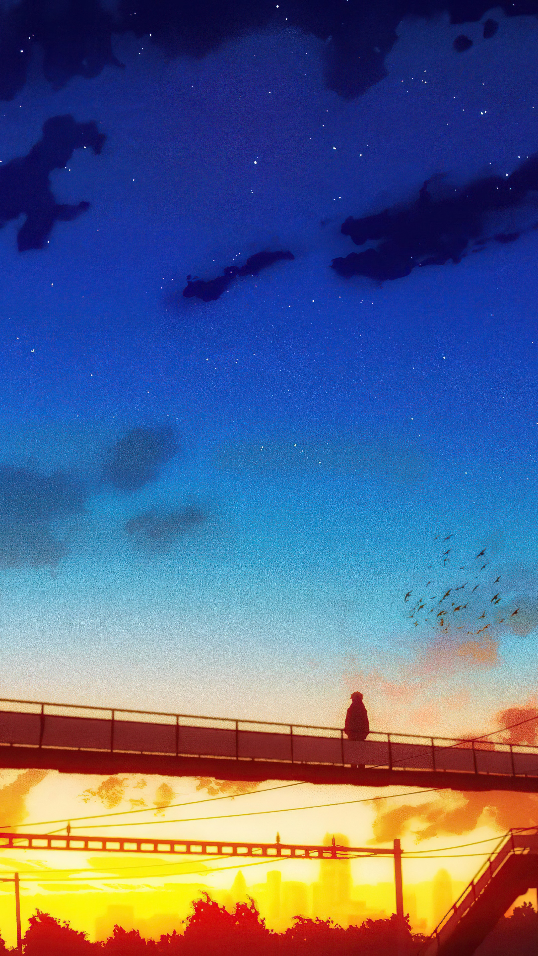 Anime bridge sunset with lone figure HD Phone Wallpaper