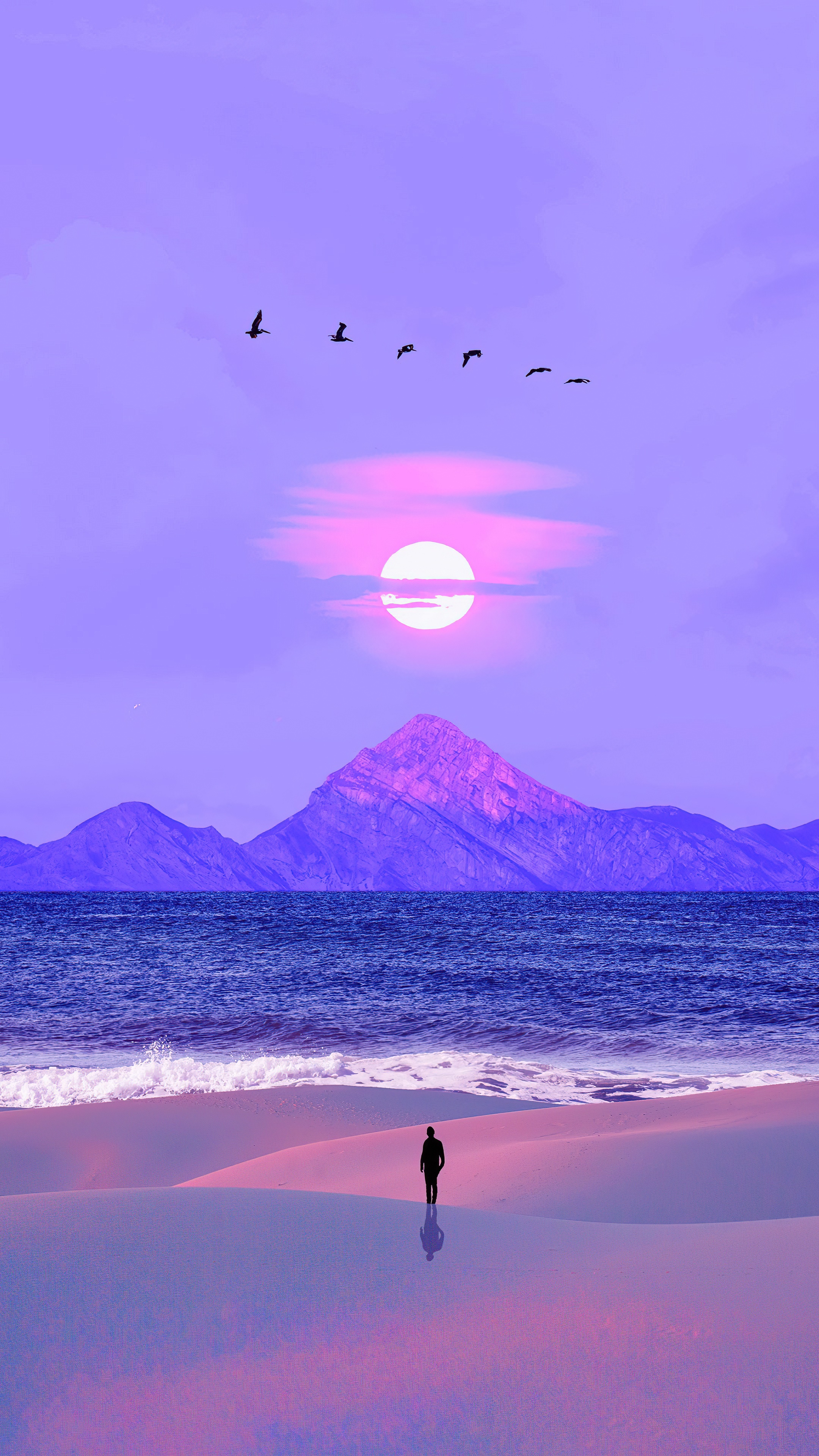 Person walking on beach with mountains and sun HD Phone Wallpaper