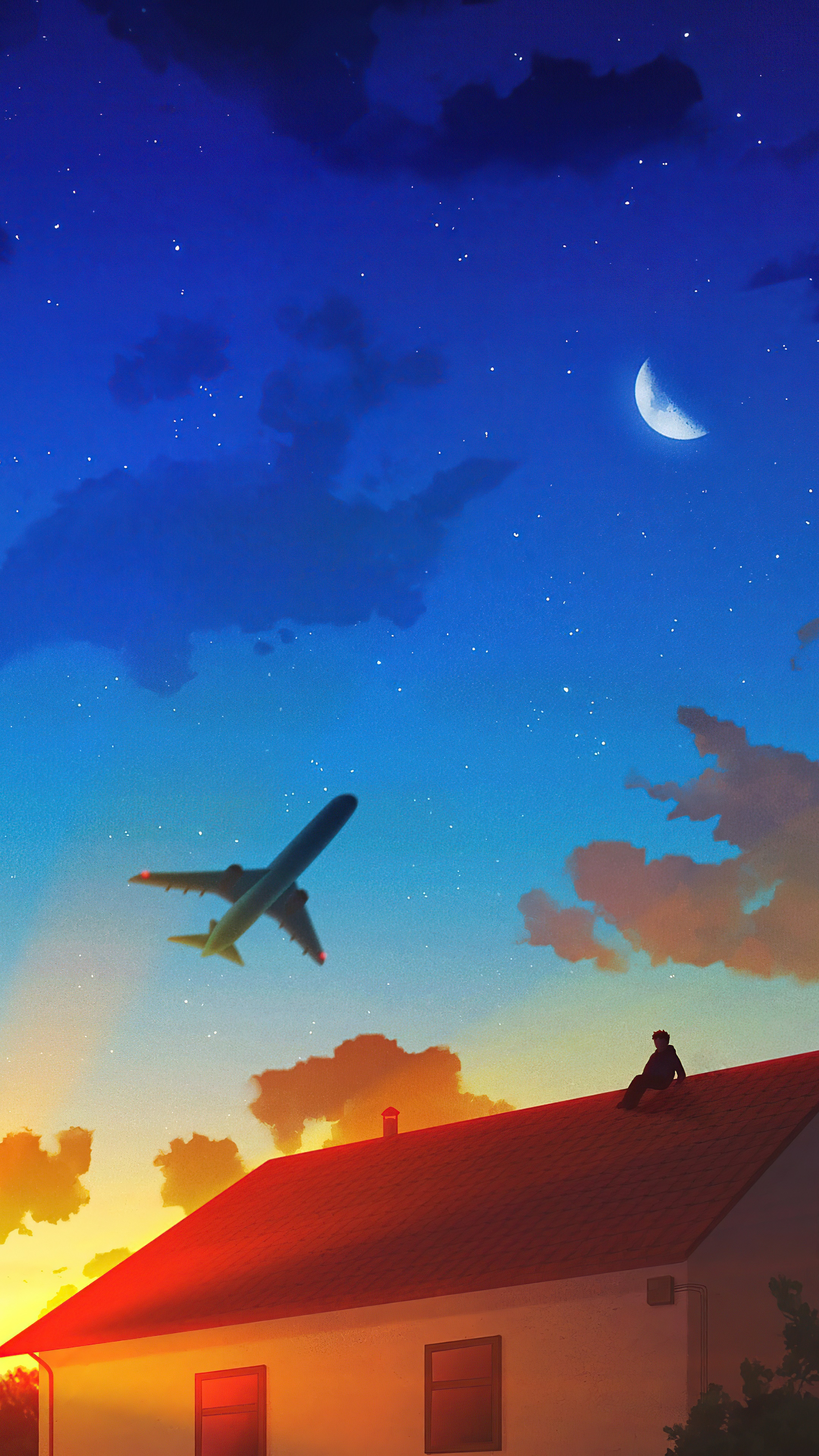 Person on roof watching airplane at sunset HD Phone Wallpaper