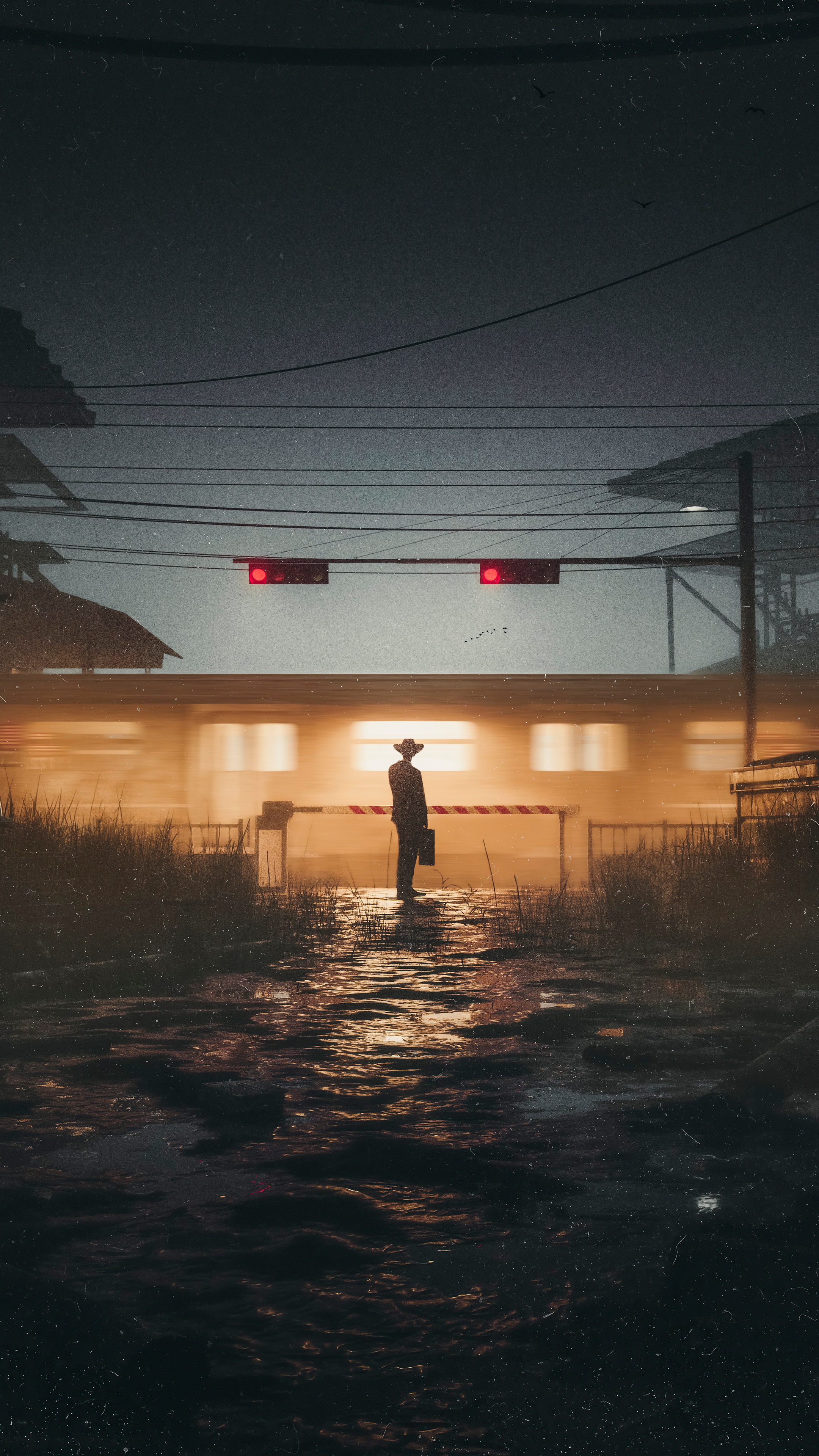 Man with briefcase at train crossing HD Phone Wallpaper