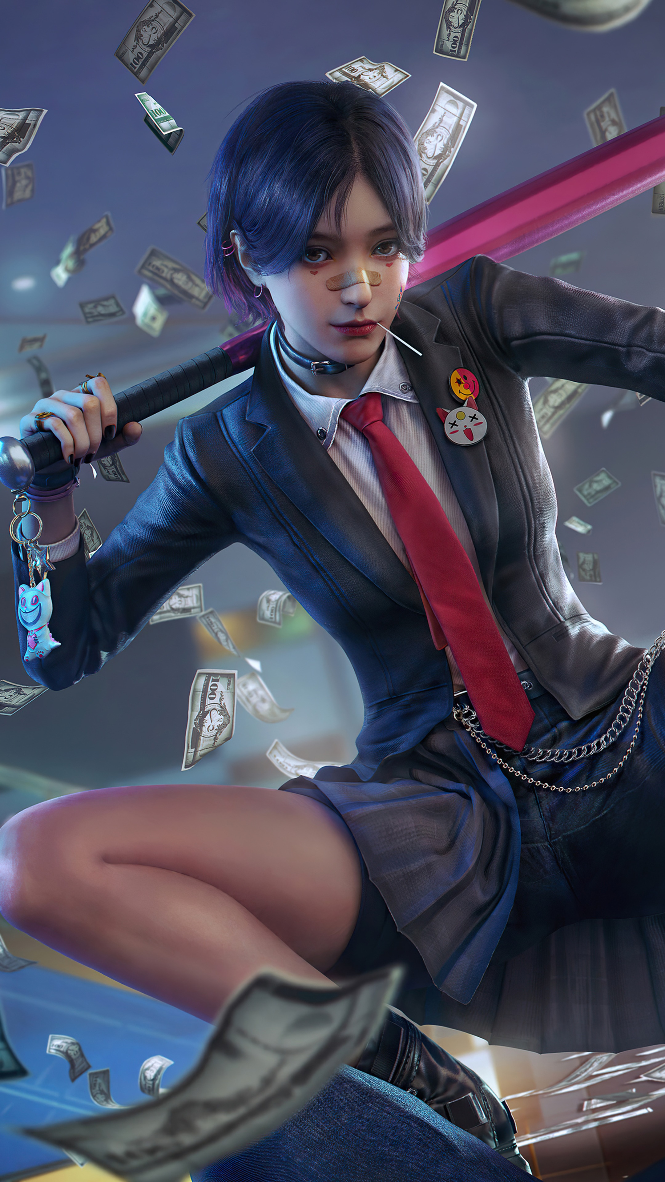 Girl with baseball bat and money HD Phone Wallpaper