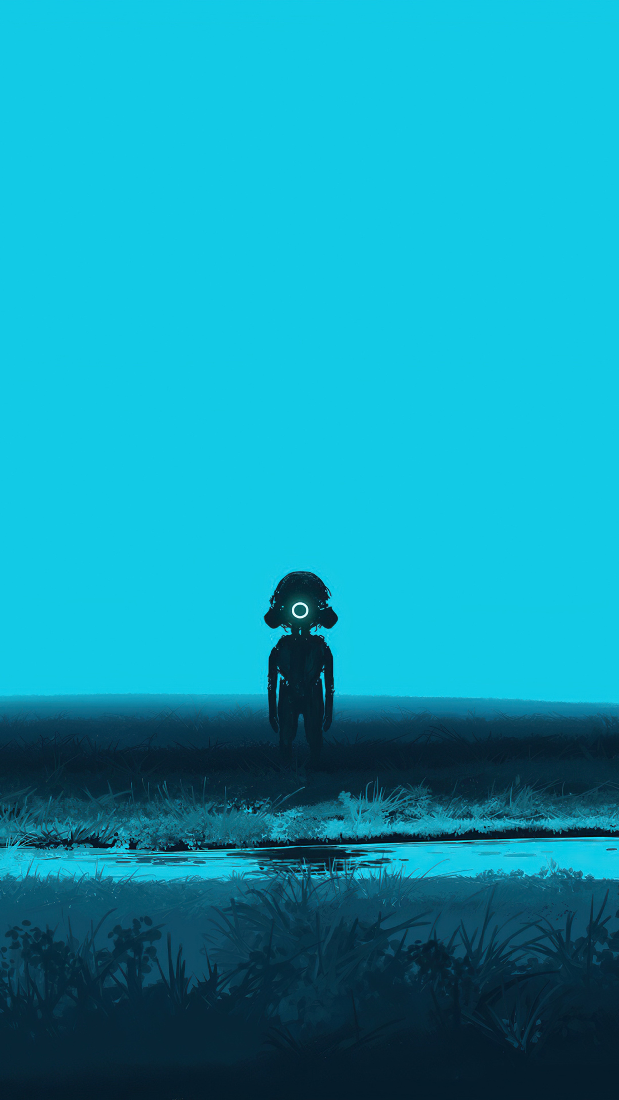 Silhouette of a figure with a glowing ring on its head HD Phone Wallpaper