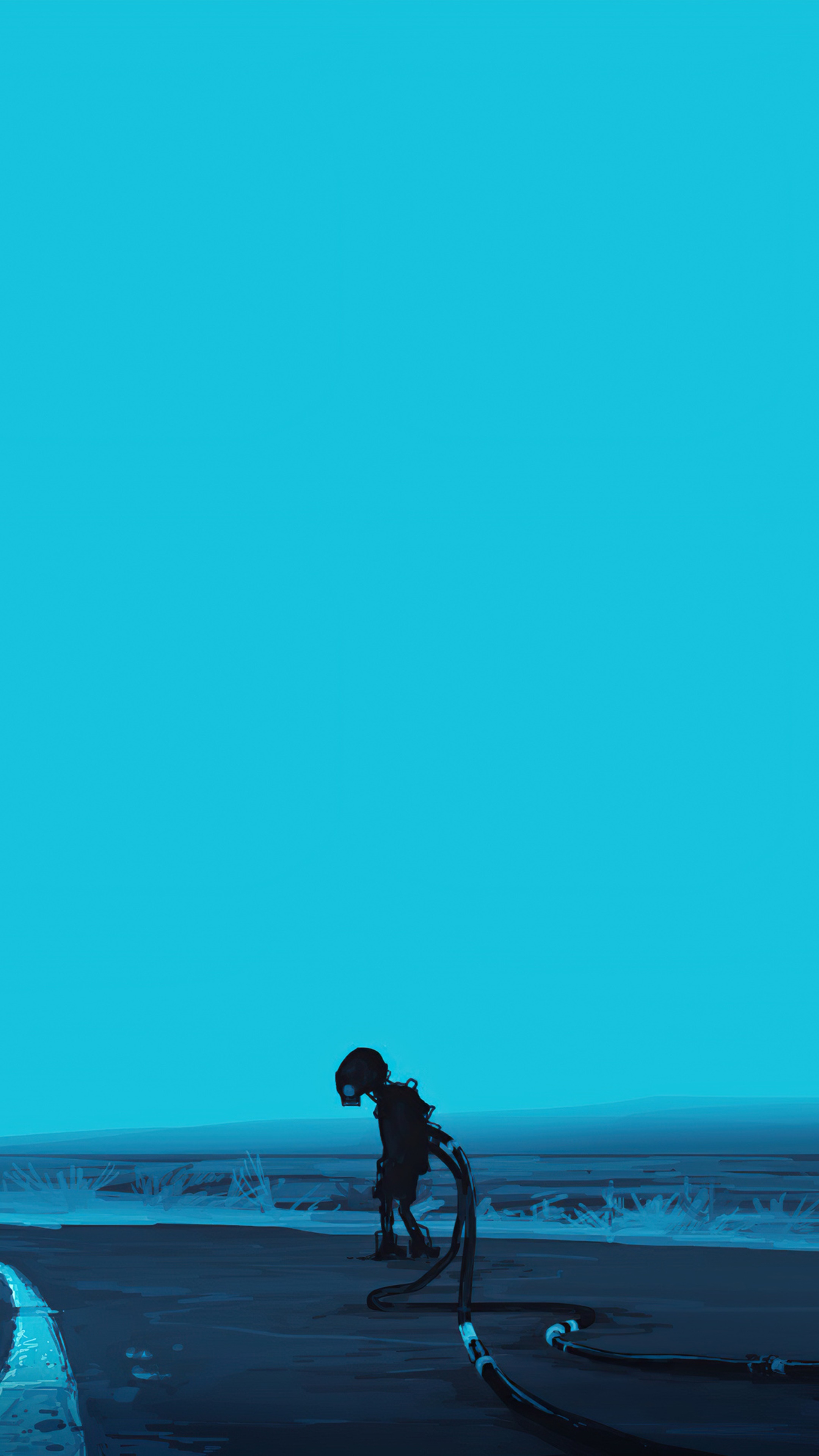 Robot with cables on a desolate landscape HD Phone Wallpaper
