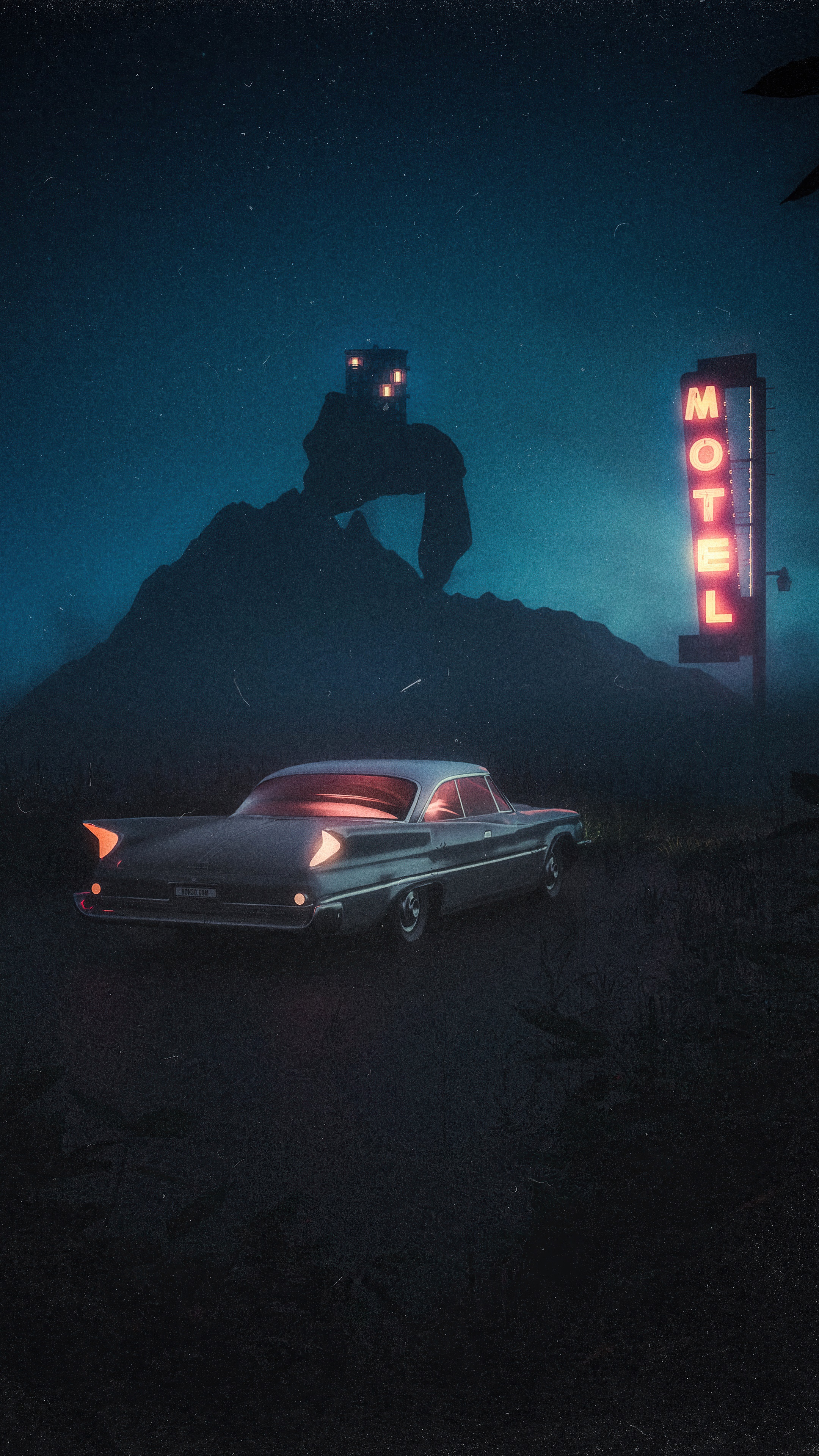 Giant figure on mountain overlooking a vintage car and motel sign HD Phone Wallpaper
