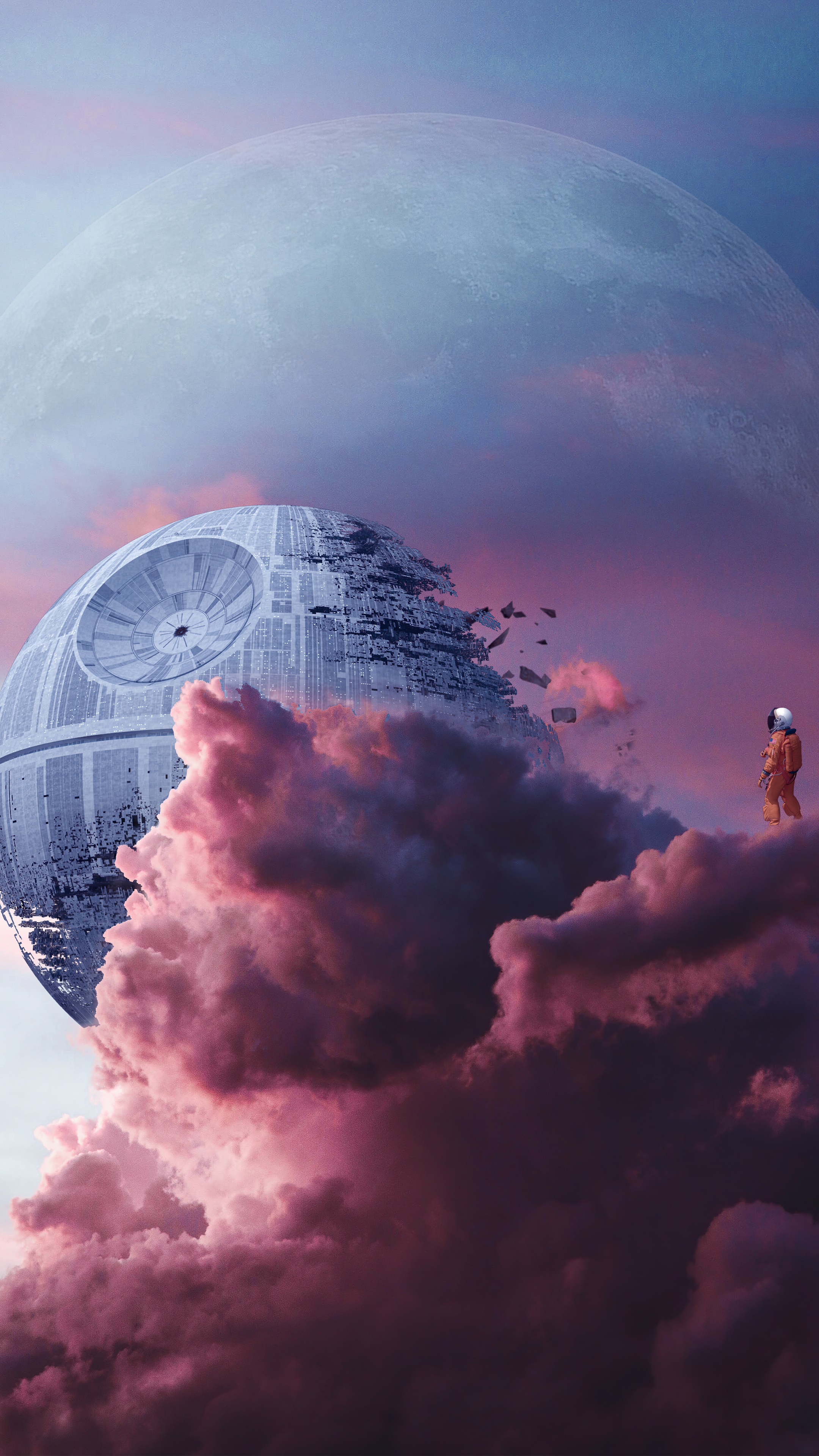 Astronaut standing on clouds near damaged Death Star HD Phone Wallpaper