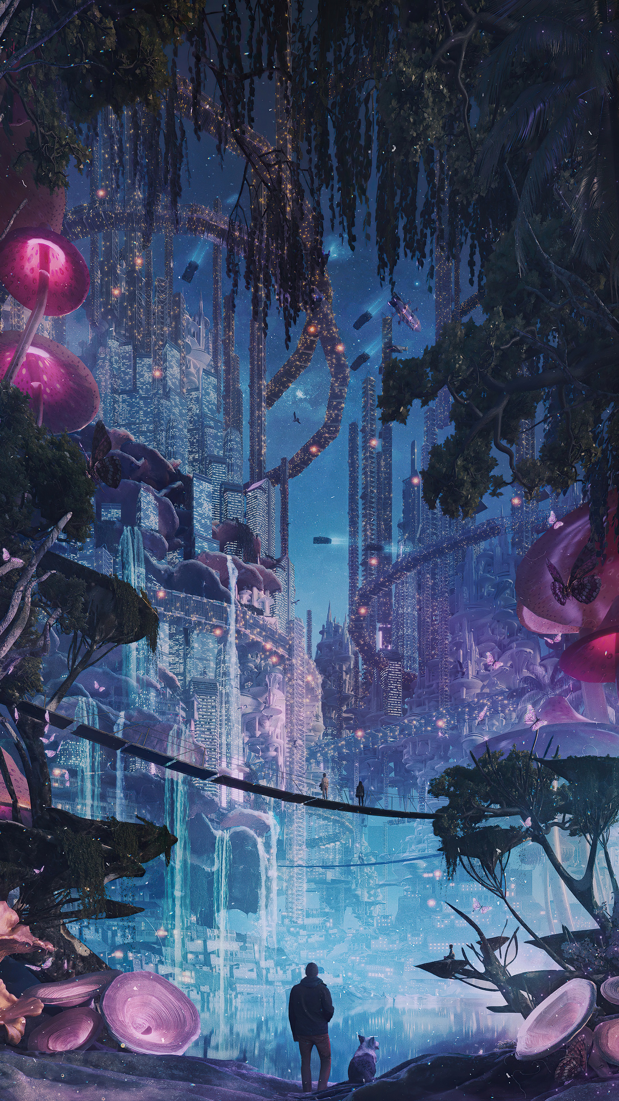 Futuristic Cityscape with Bioluminescent Flora HD Phone Wallpaper