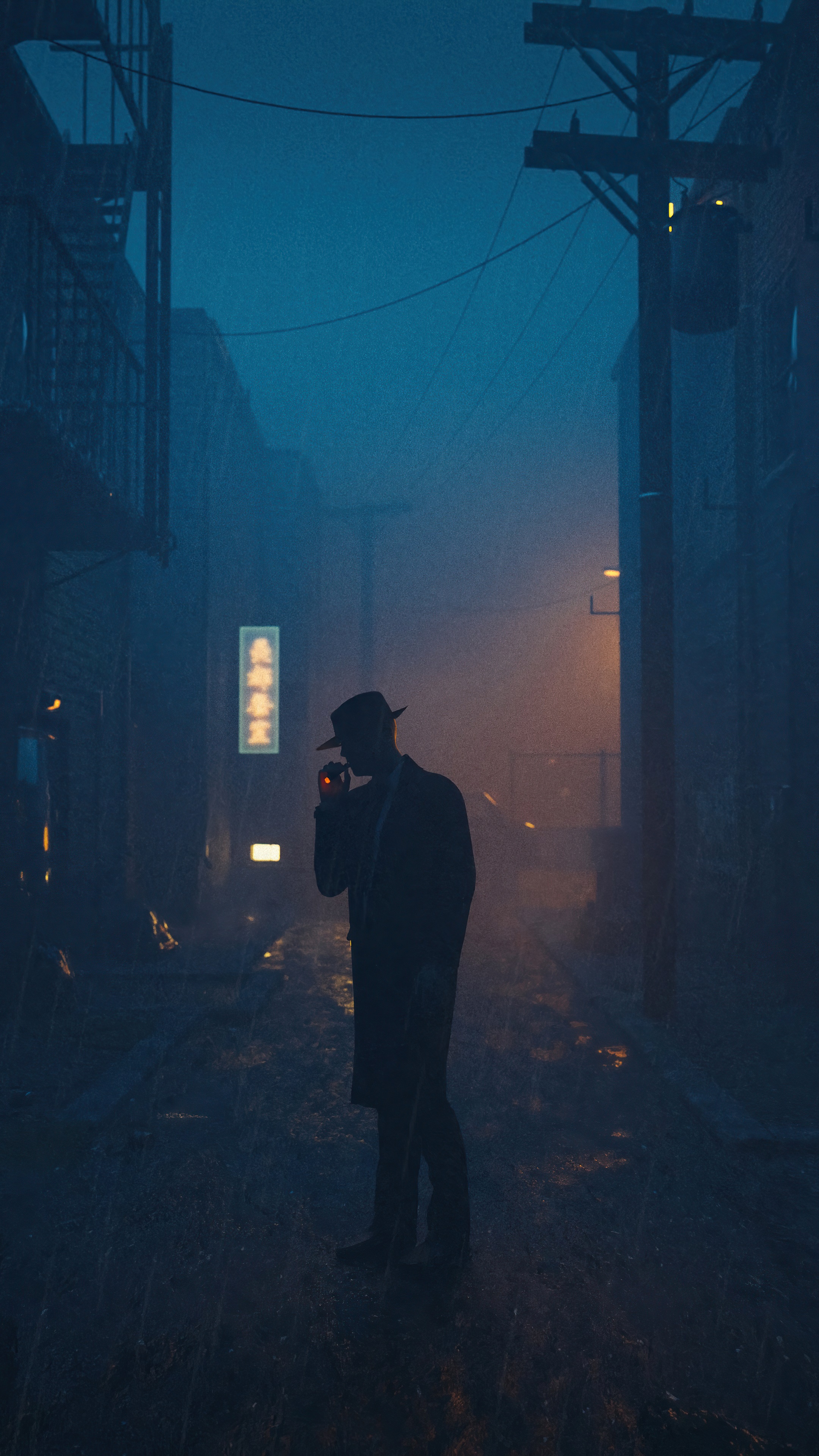 Man in fedora smoking in alley 4K HD Phone Wallpaper