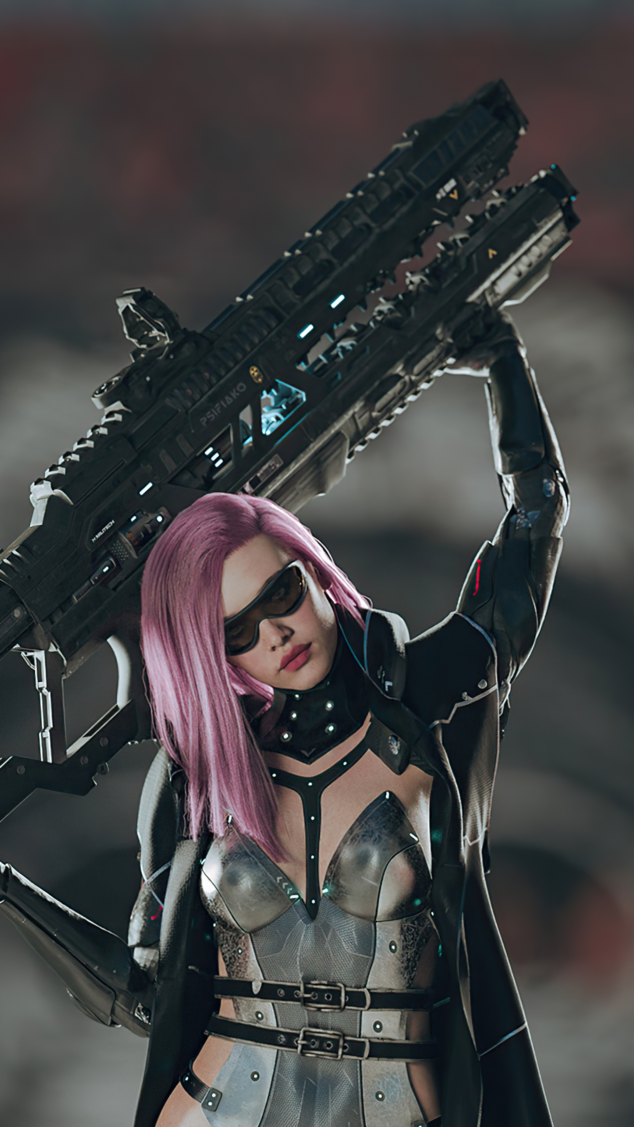 Woman with pink hair holding a futuristic rifle HD Phone Wallpaper