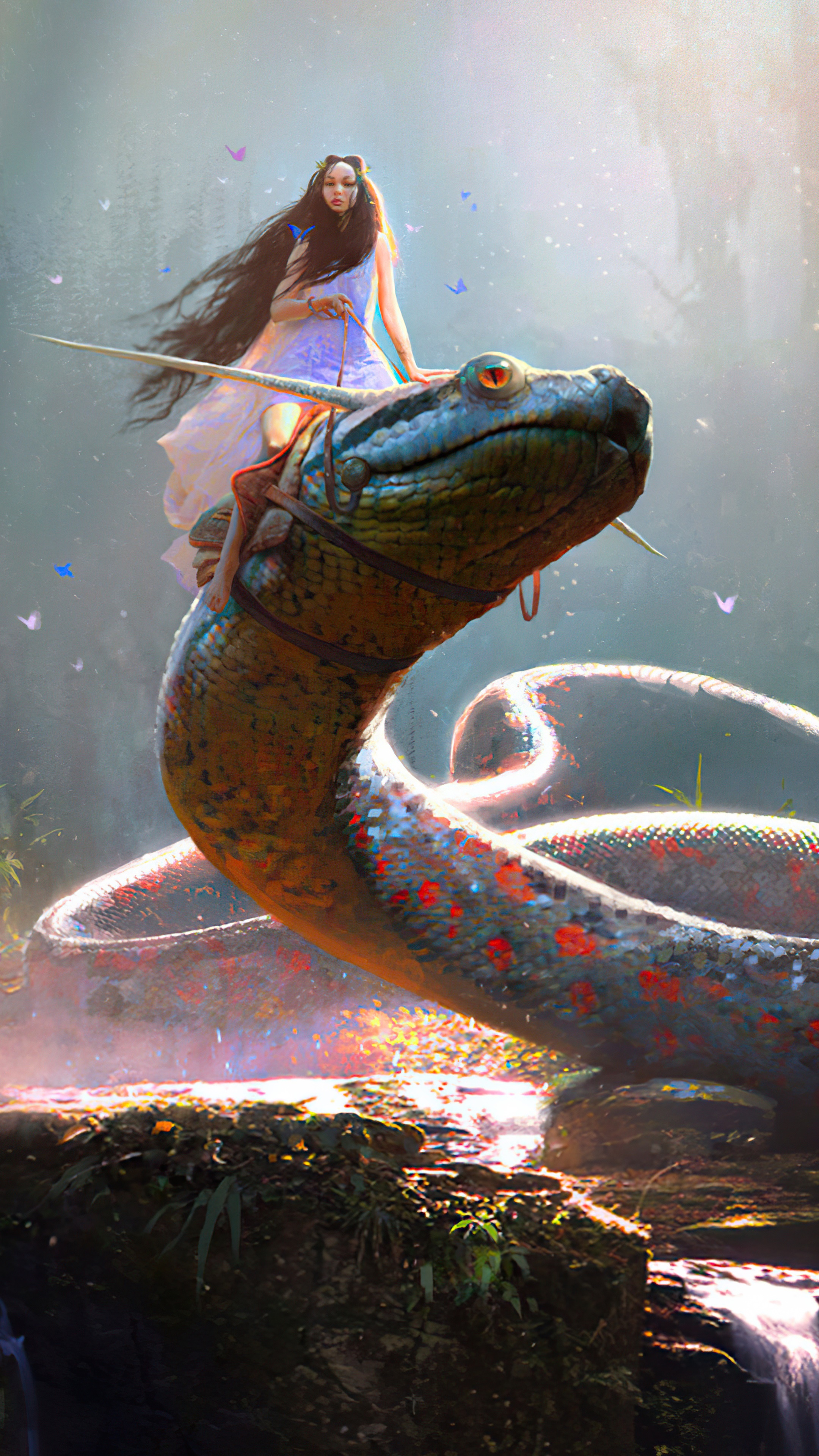 Girl riding a giant snake with butterflies HD Phone Wallpaper