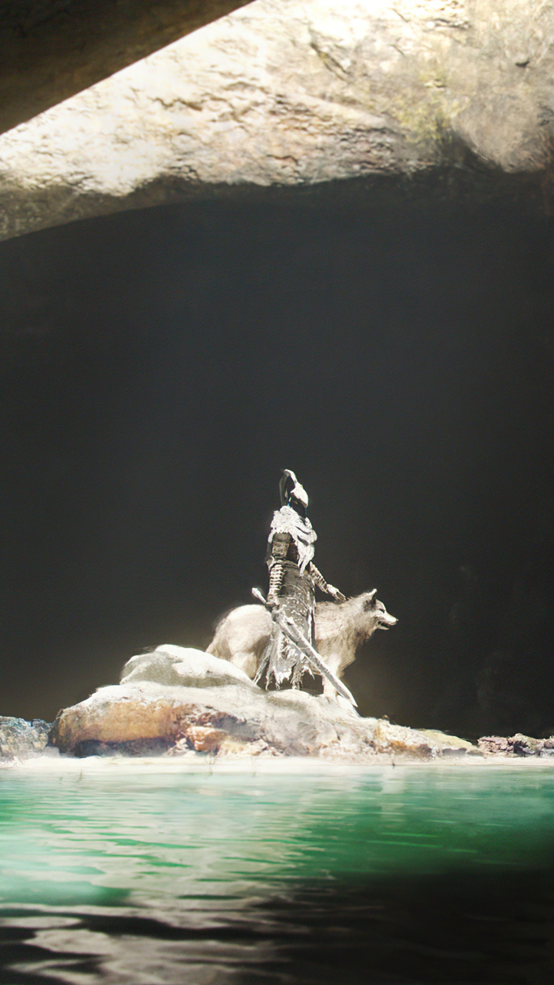 Knight with wolf on rocky island in cave HD Phone Wallpaper