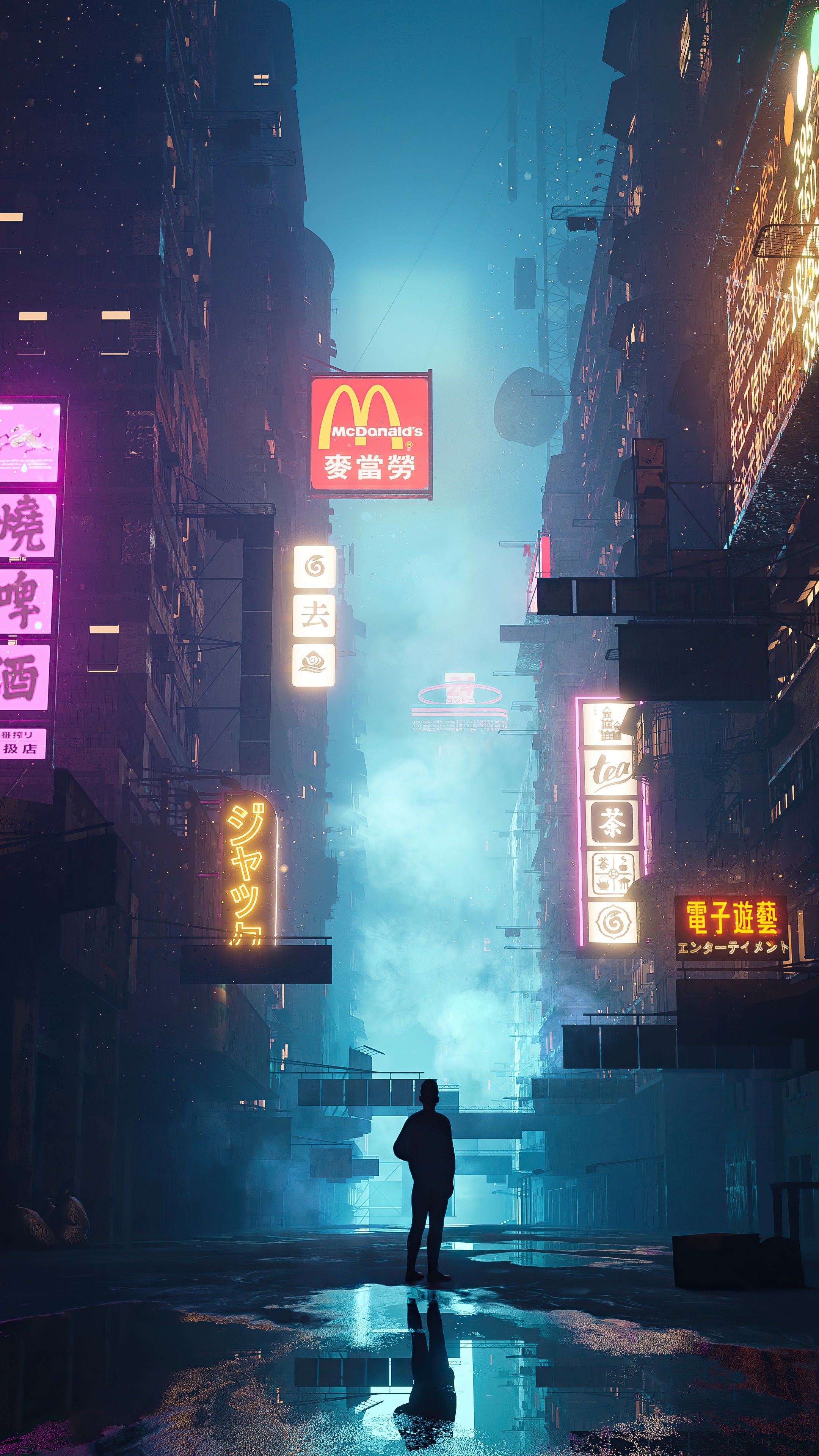 Cyberpunk Cityscape with McDonald's Sign HD Phone Wallpaper