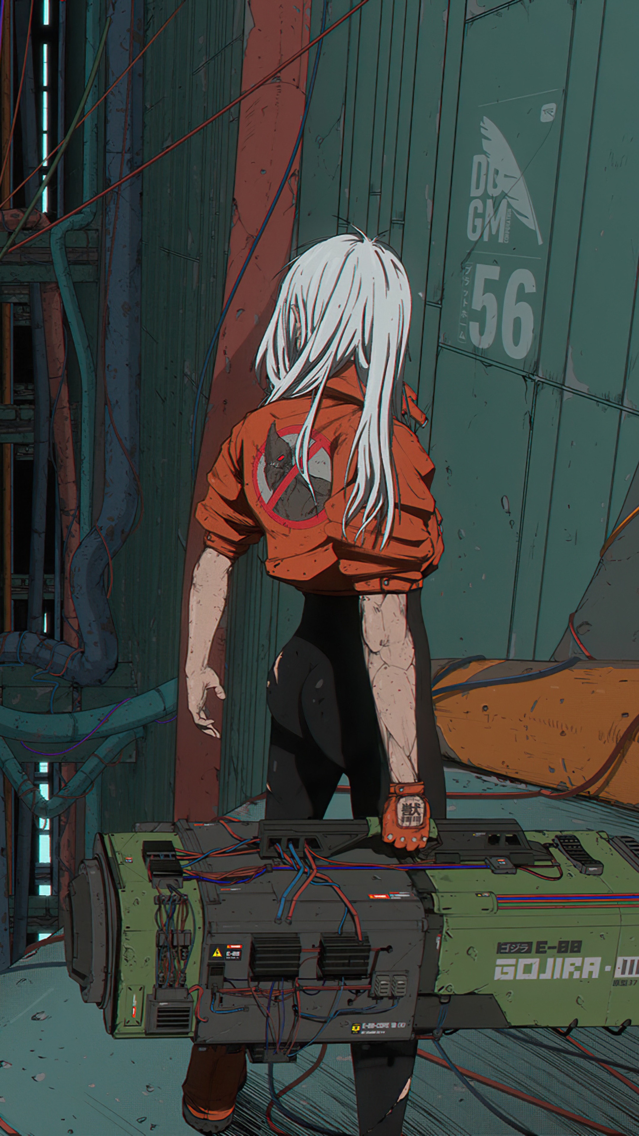 Girl with white hair carrying a large device HD Phone Wallpaper