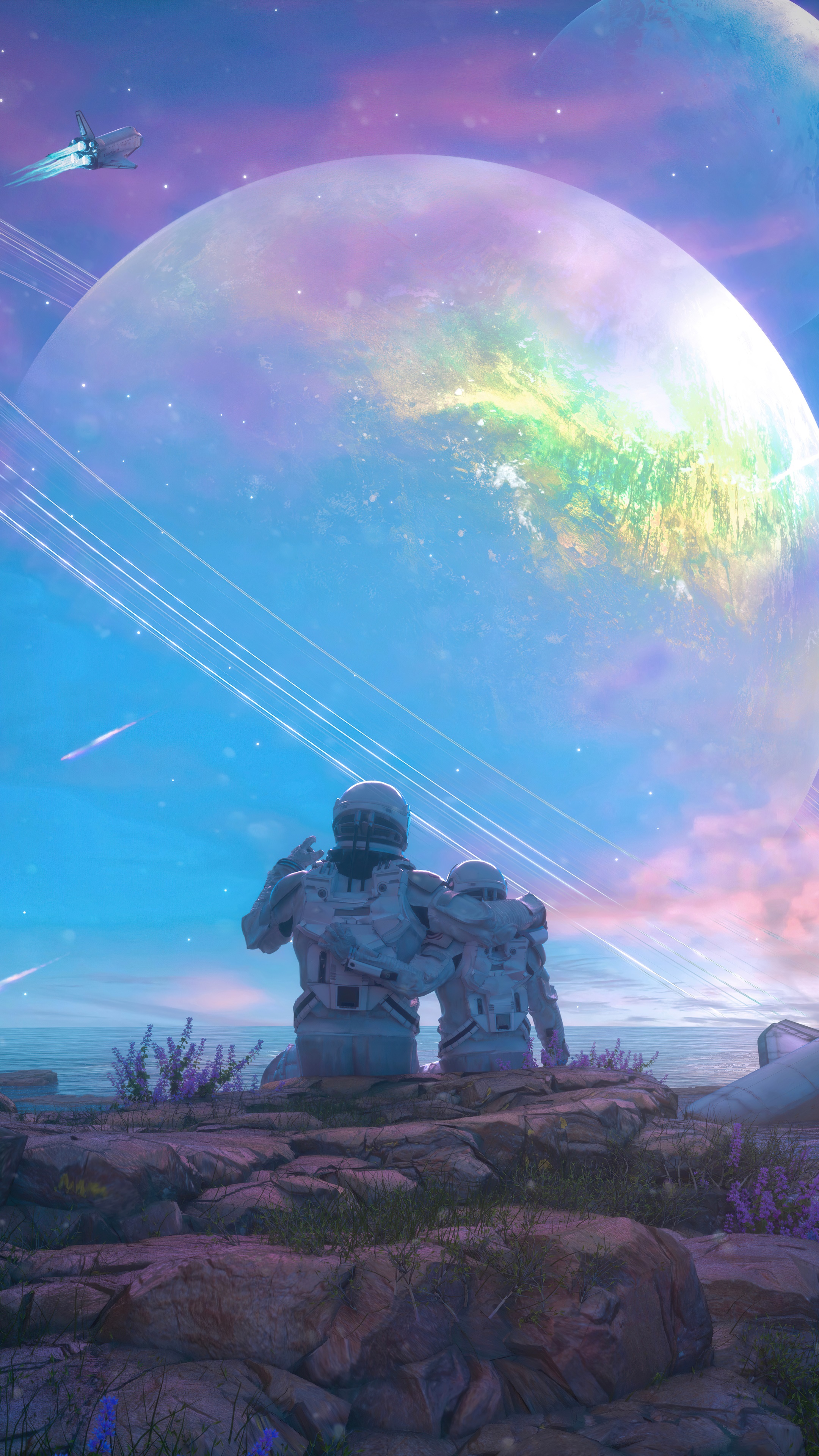 Two astronauts looking at a ringed planet HD Phone Wallpaper