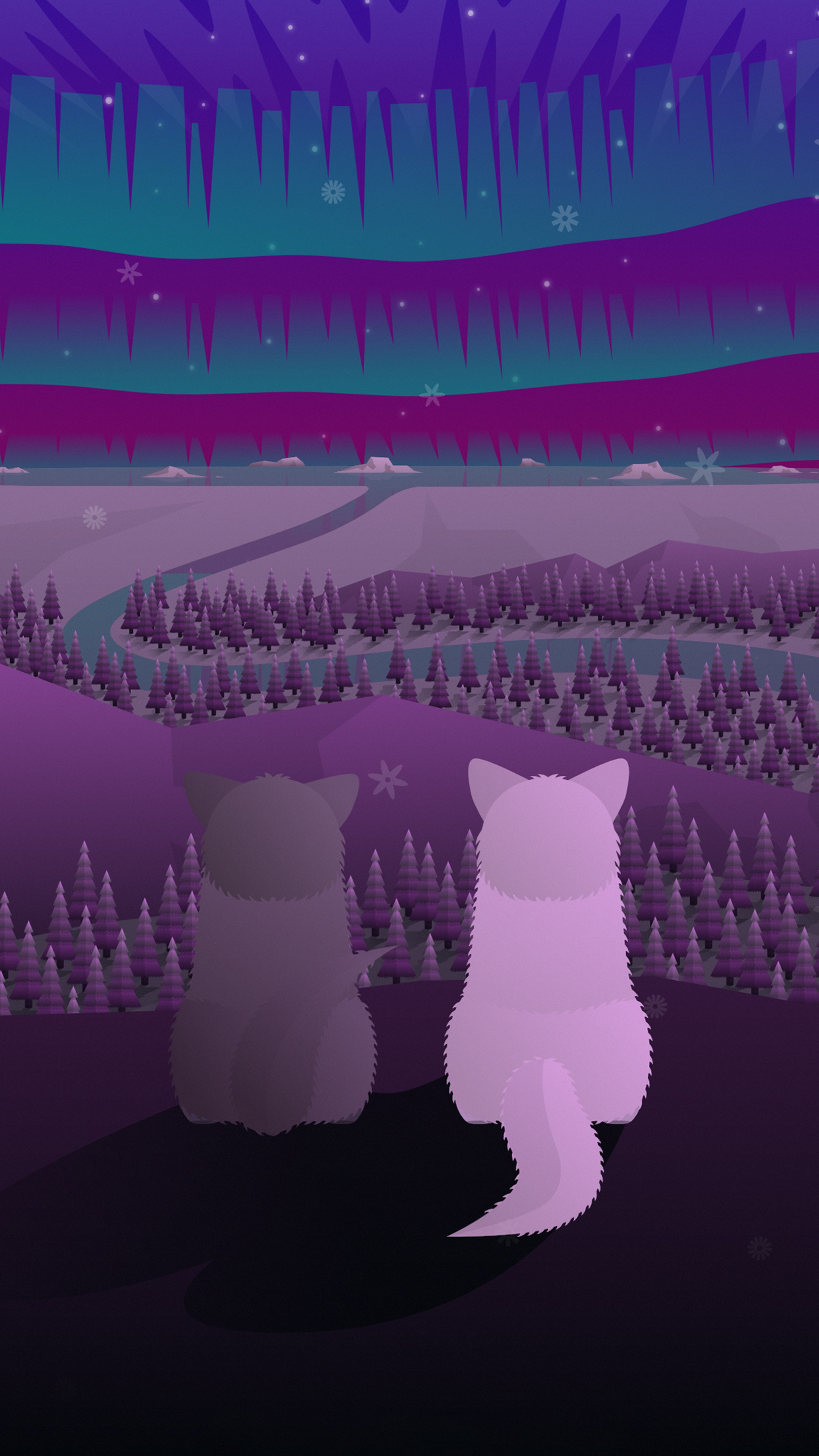 Two foxes watching the aurora borealis in a snowy forest HD Phone Wallpaper