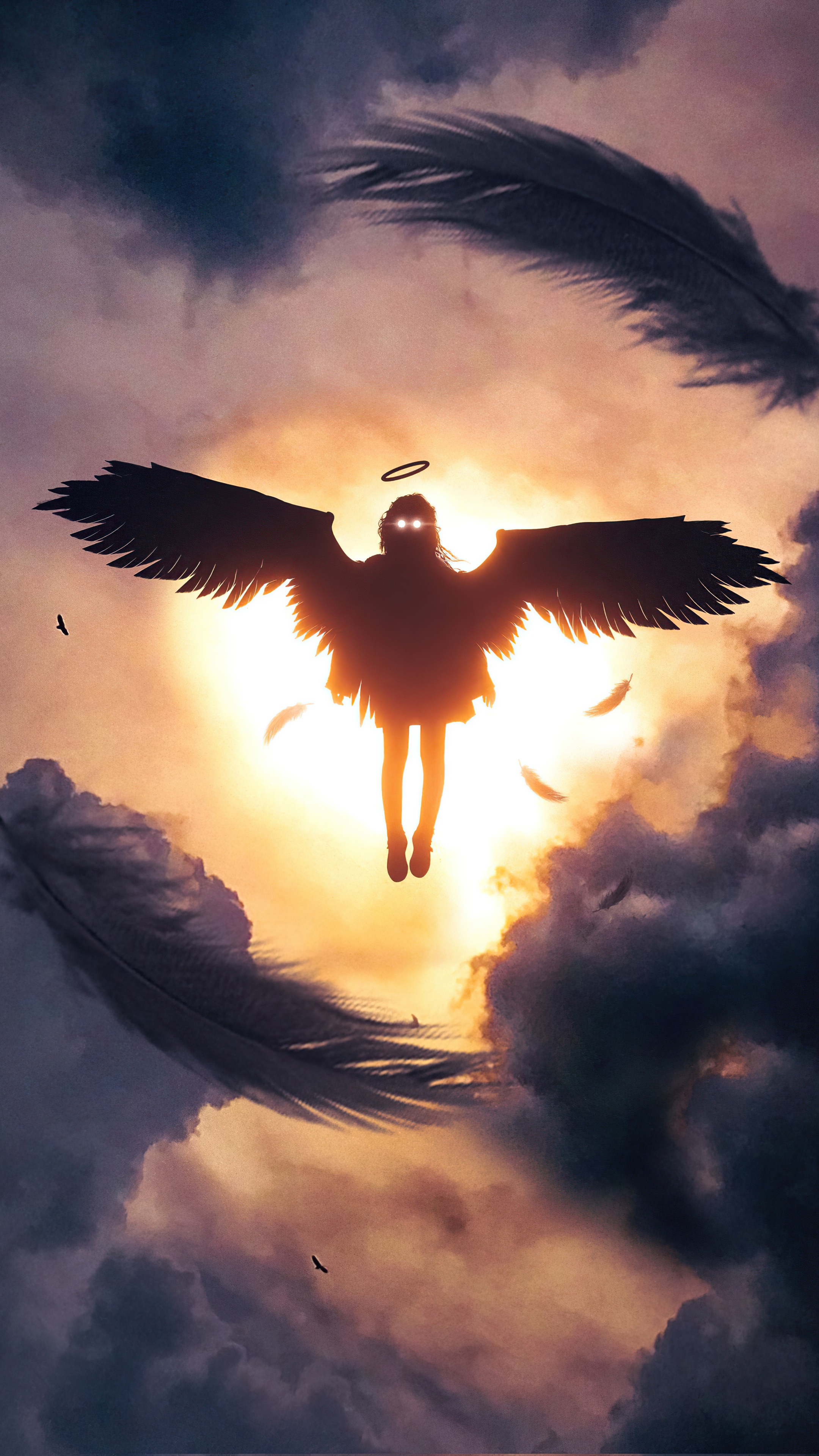 Angel with wings and halo in the sky HD Phone Wallpaper