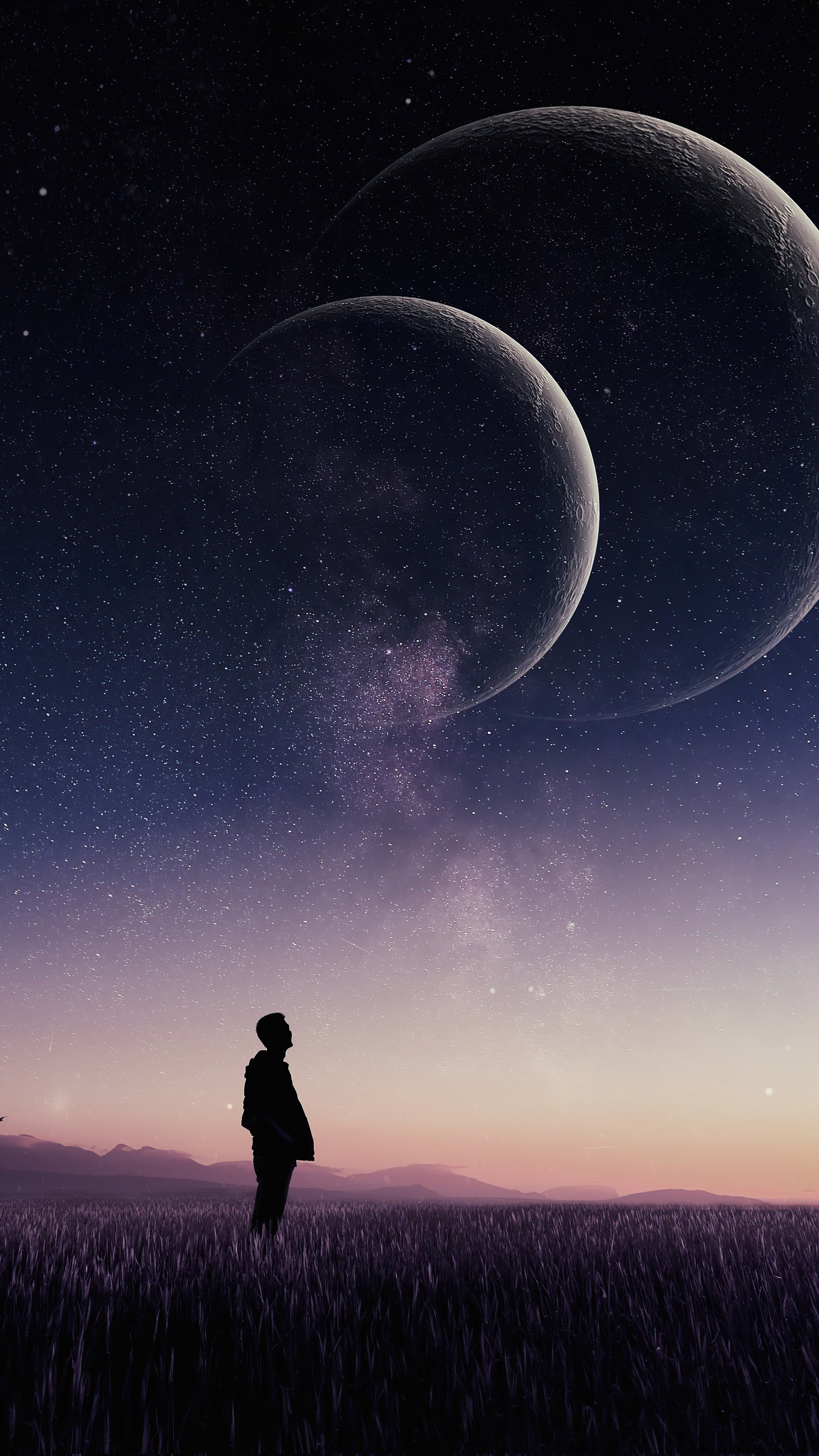 Man looking at two moons in starry sky 4K HD Phone Wallpaper