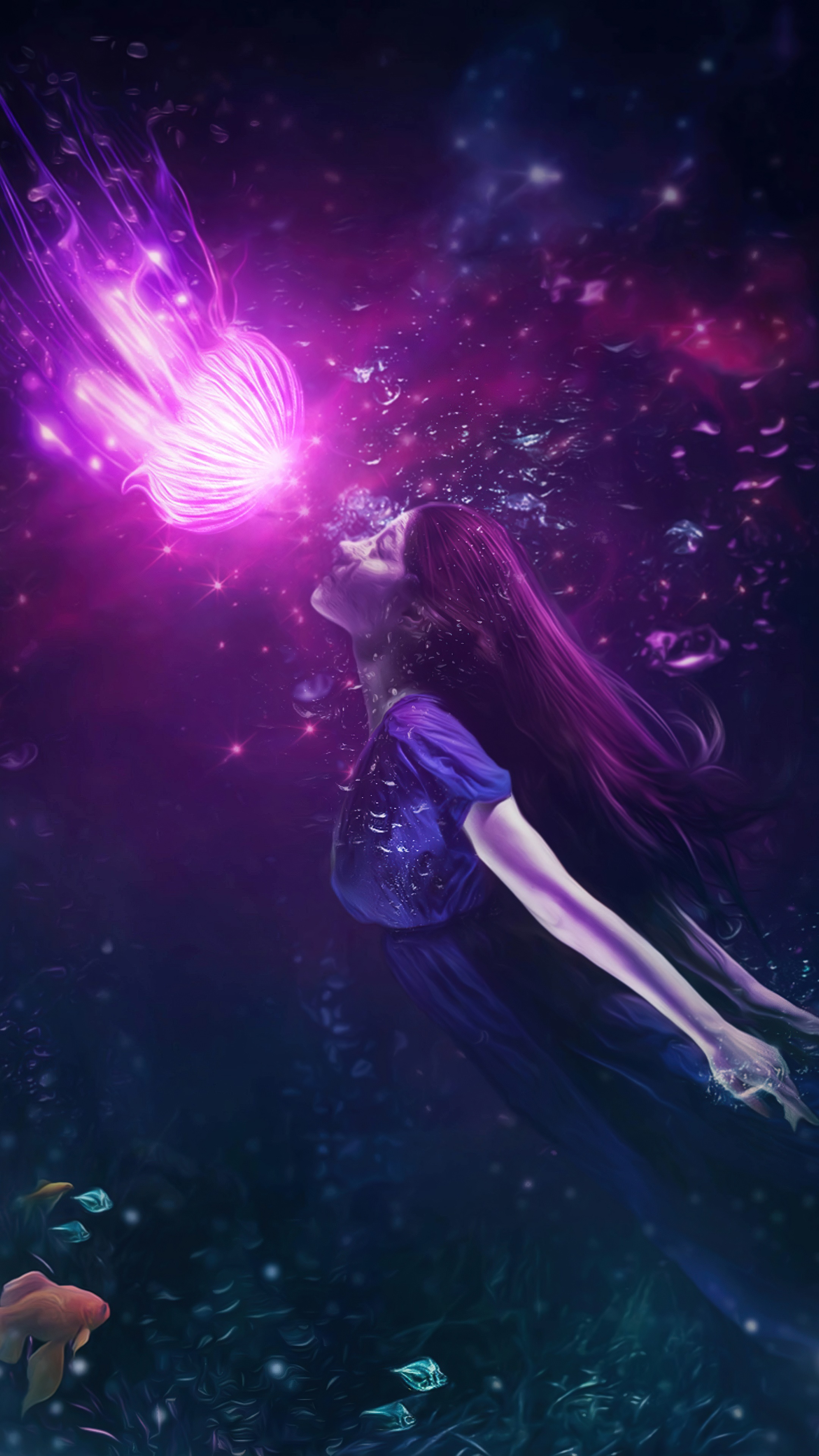 Girl and glowing jellyfish in deep space HD Phone Wallpaper
