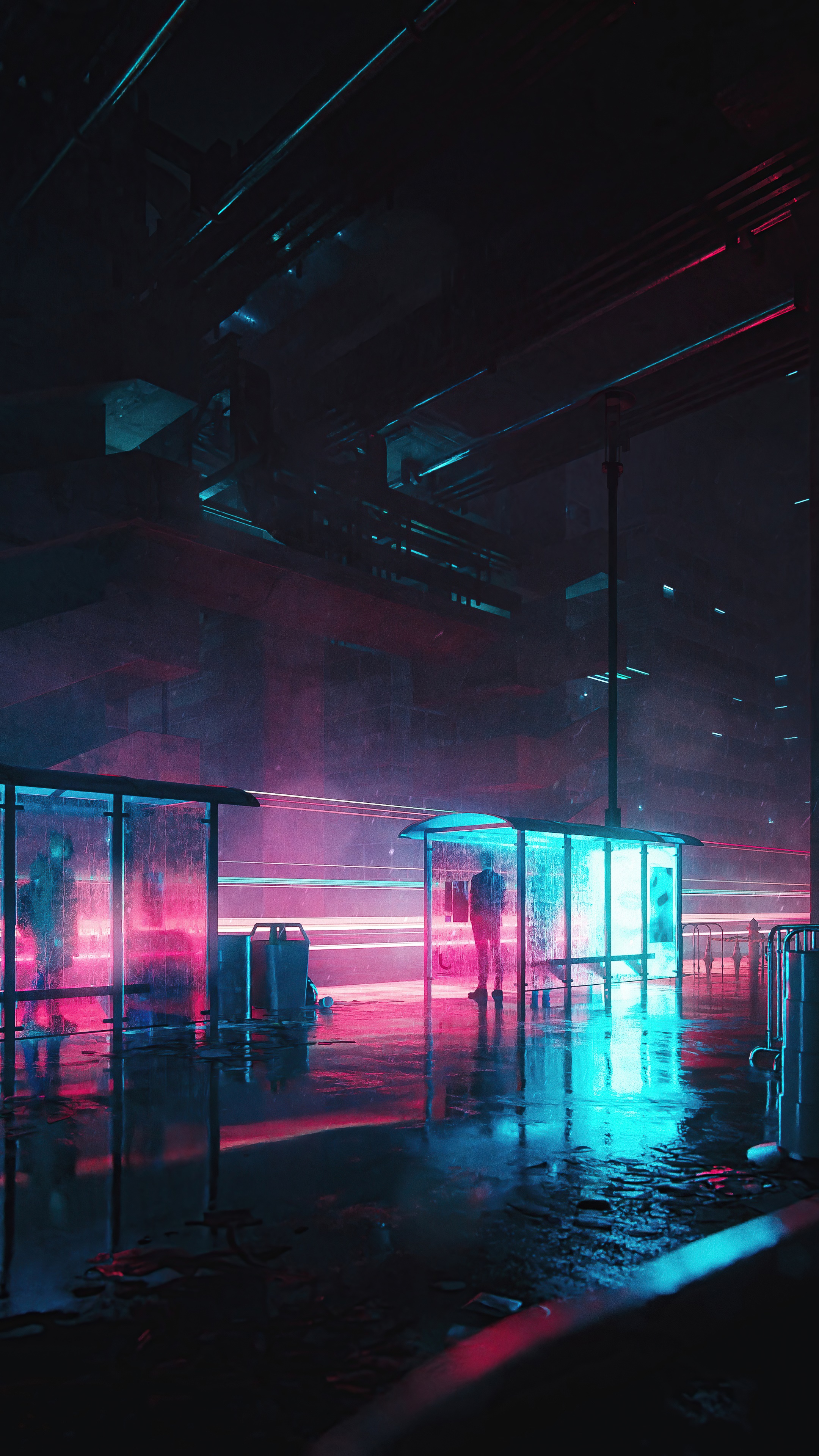 Cyberpunk Bus Stop at Night HD Phone Wallpaper