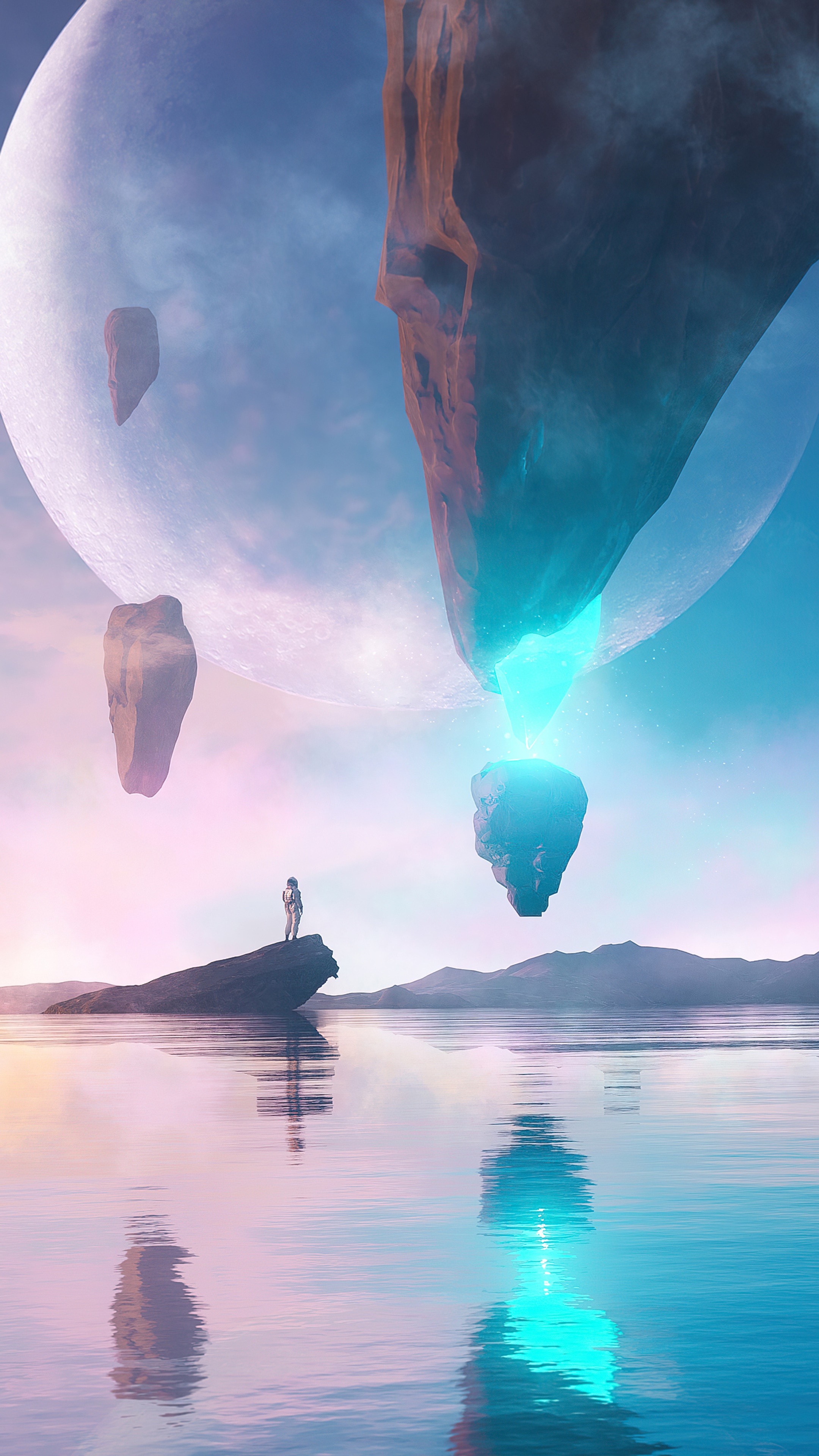 Astronaut on floating island overlooking alien landscape HD Phone Wallpaper