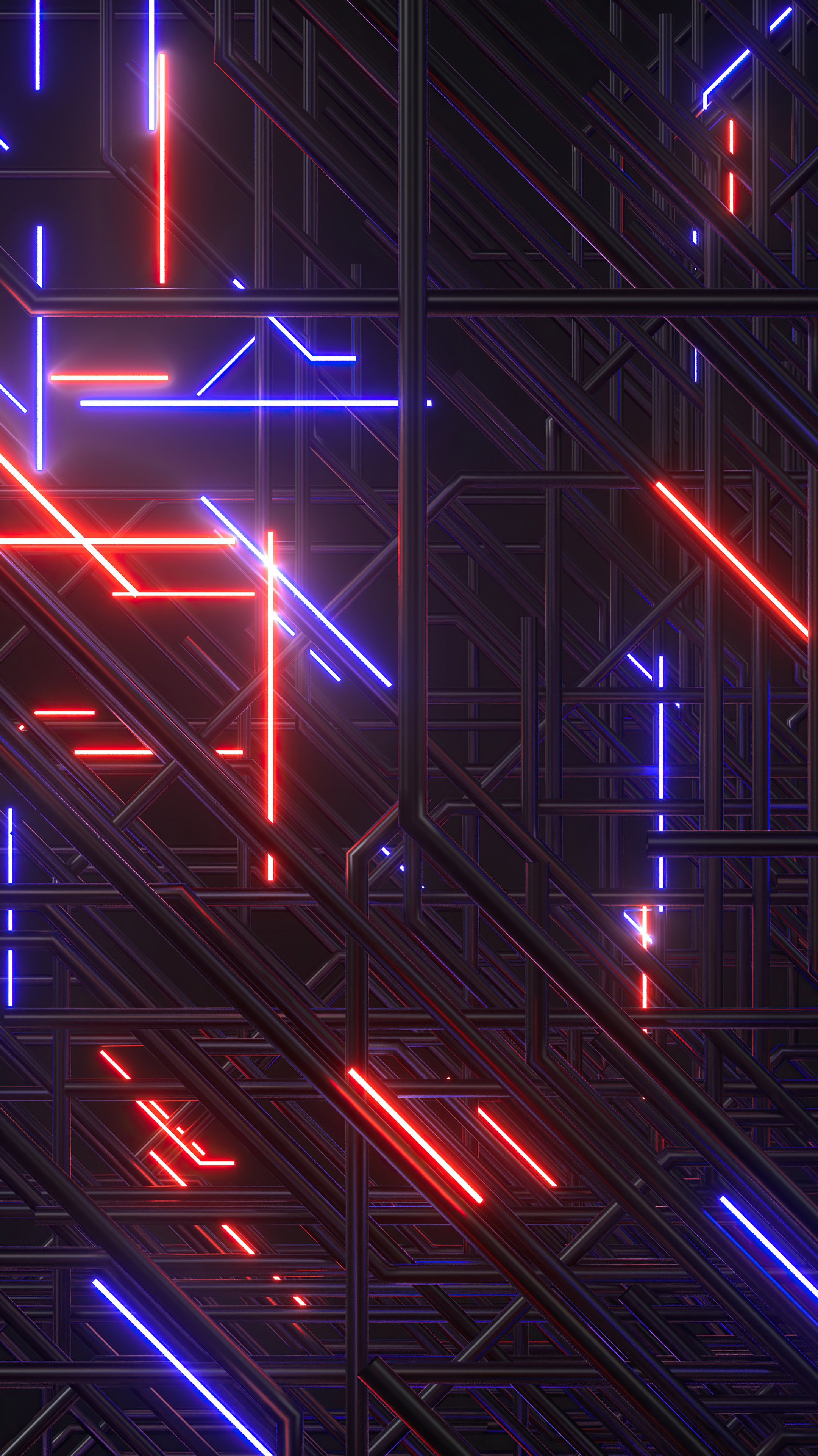 Abstract digital art with red and blue neon lines HD Phone Wallpaper