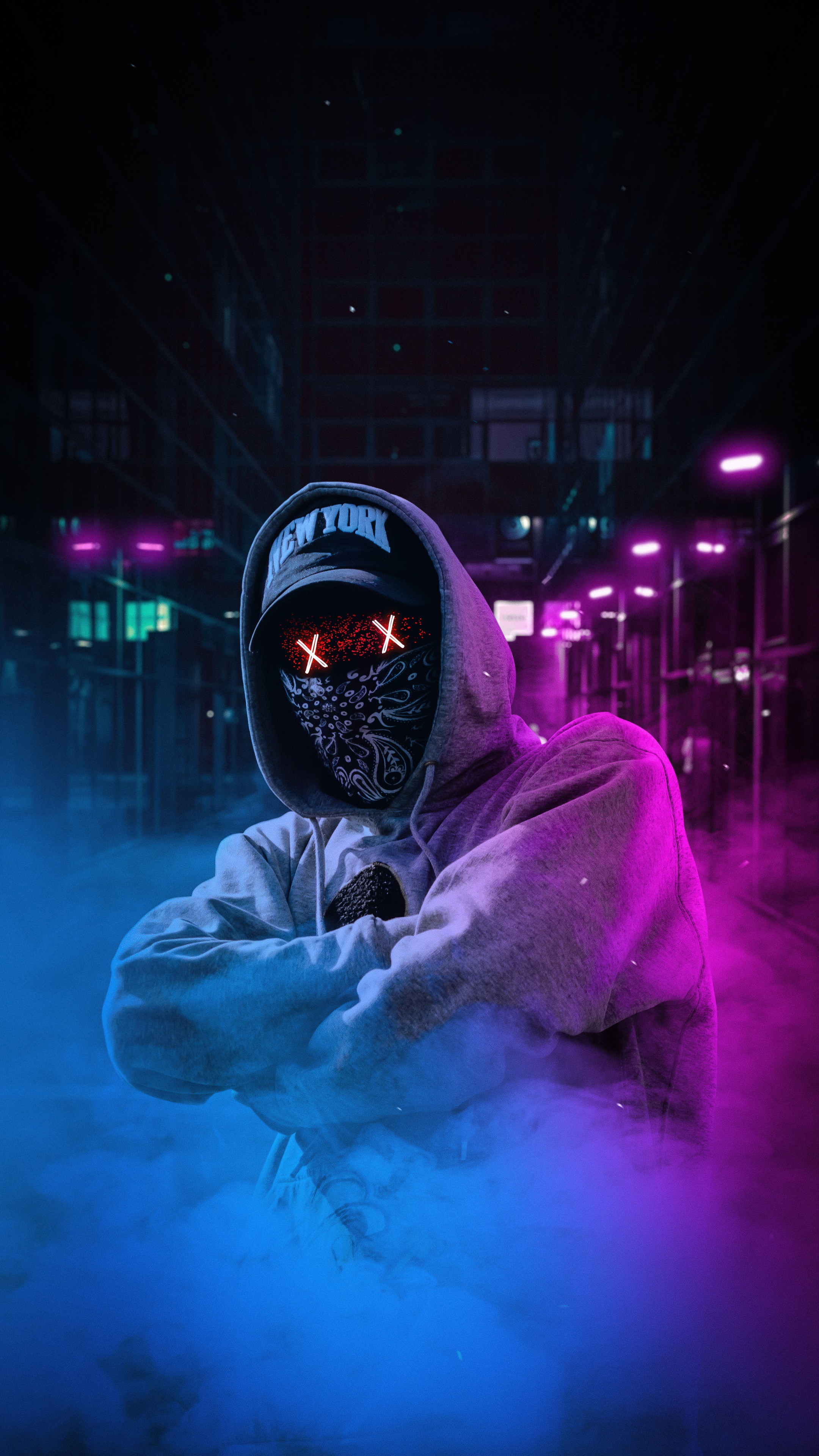 Hooded figure with 'New York' cap and bandana mask HD Phone Wallpaper