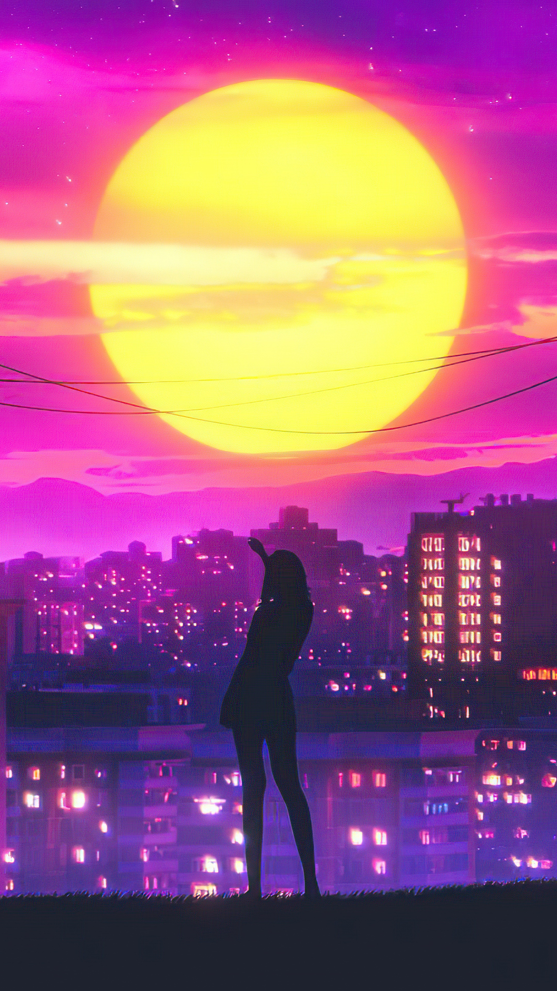 Silhouette of a person against a large sun and city HD Phone Wallpaper
