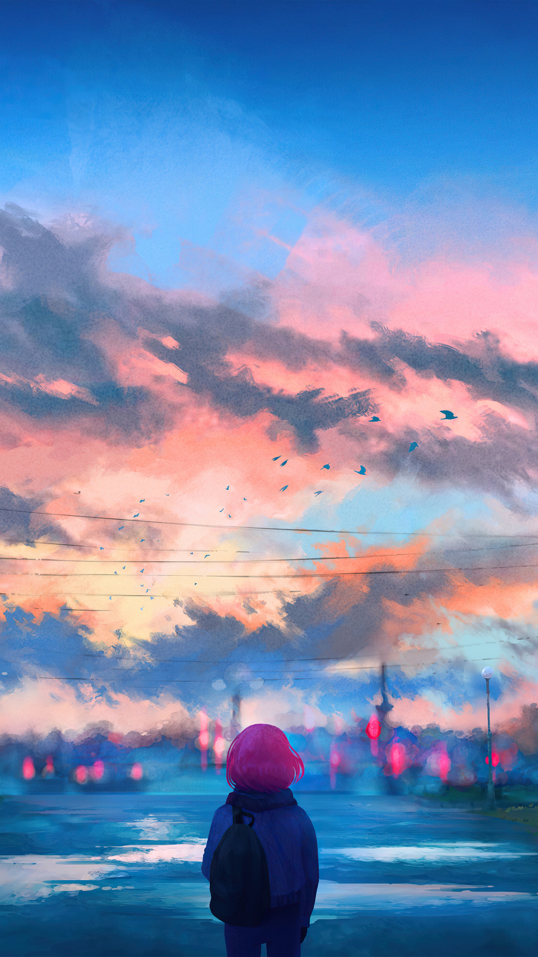 Girl with pink hair looking at a sunset sky HD Phone Wallpaper