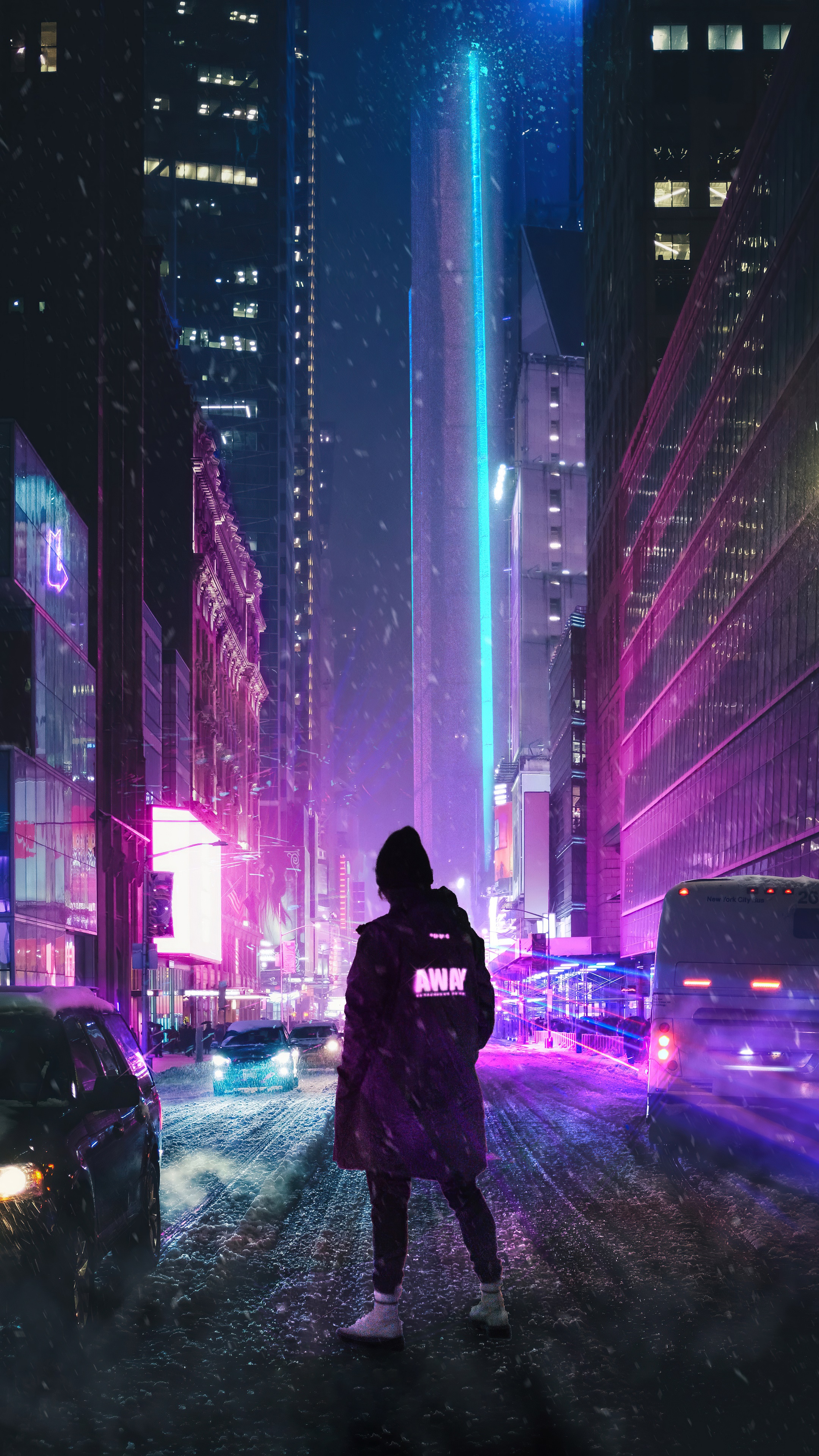 Person in a neon city at night HD Phone Wallpaper