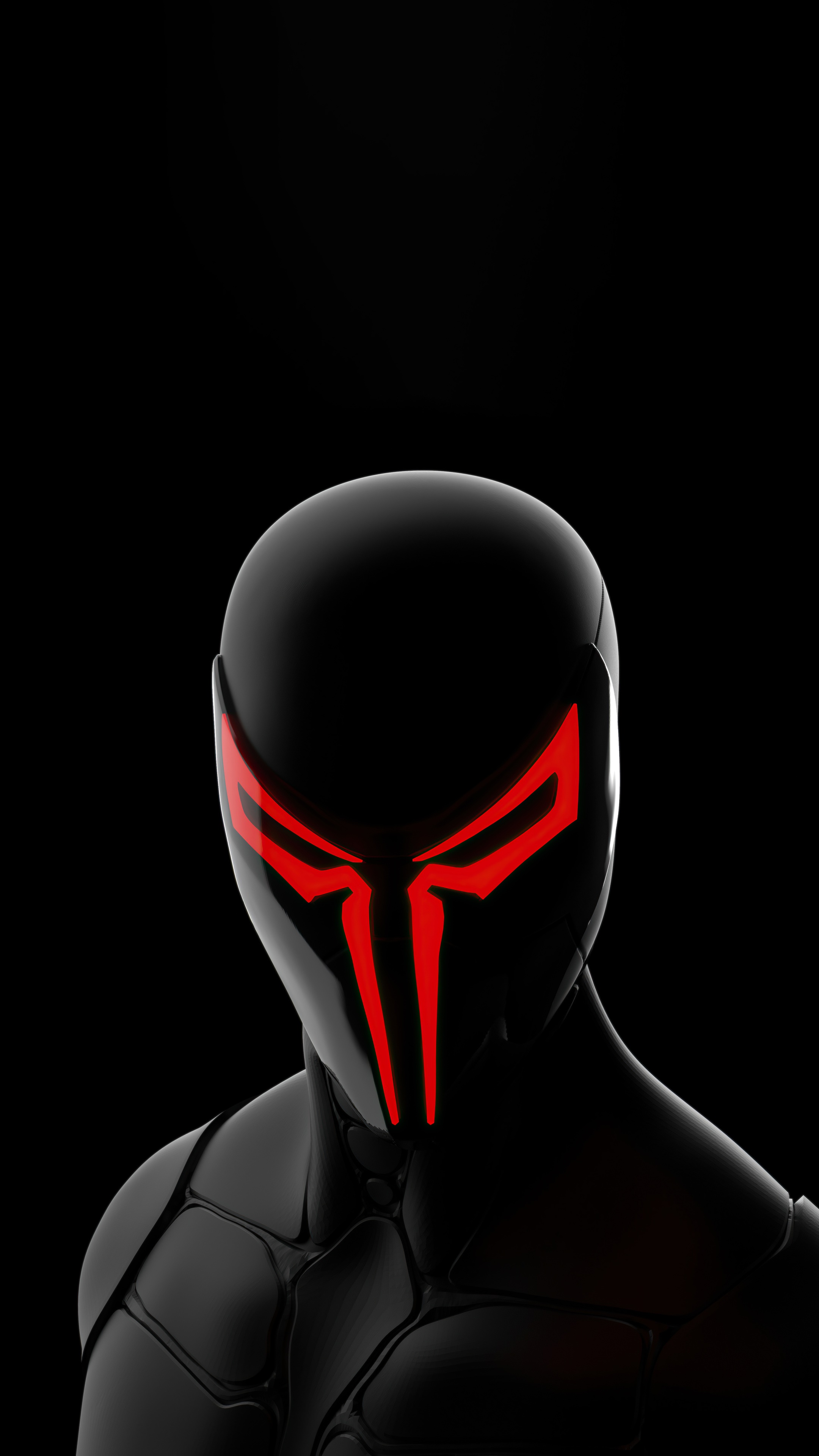 Black character with red glowing mask HD Phone Wallpaper