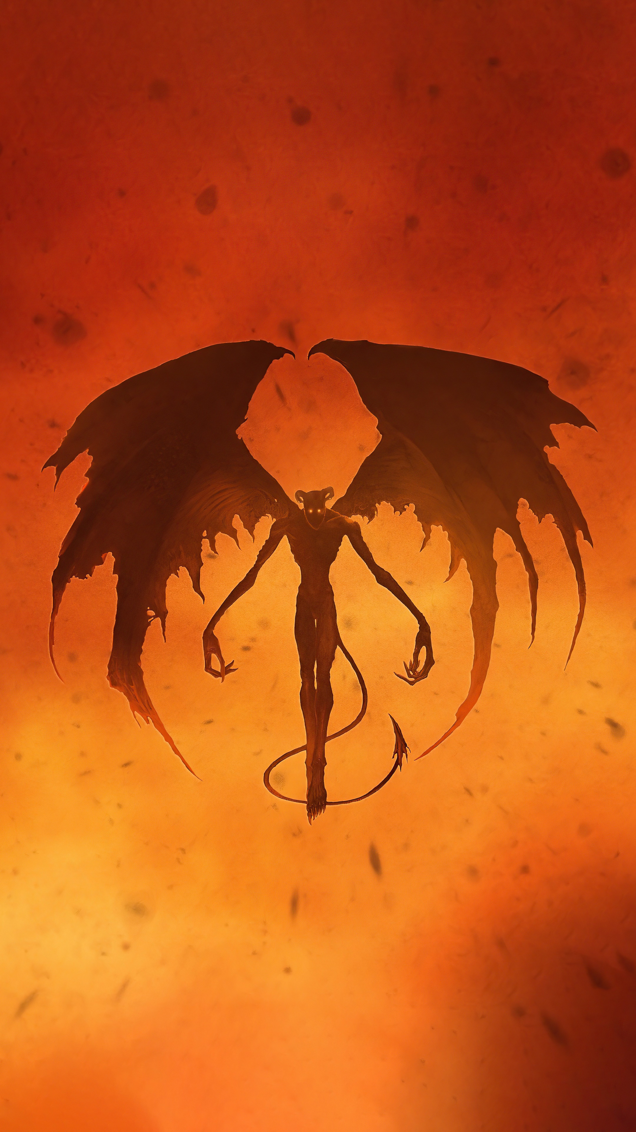 Silhouette of a winged demon in front of an orange background HD Phone Wallpaper