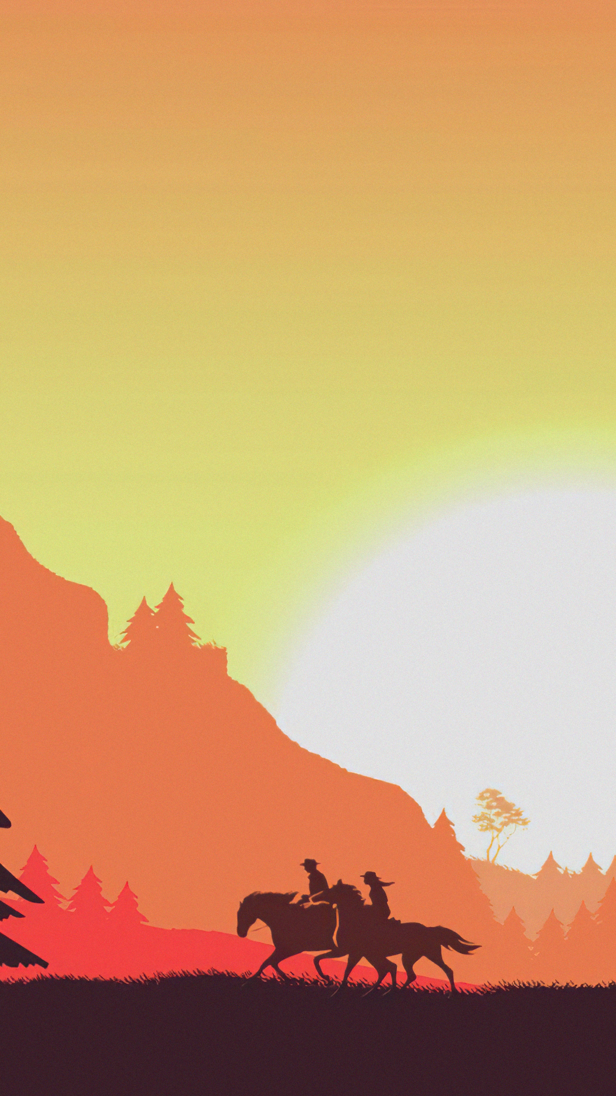 Two people on horseback in a minimalist landscape at sunset HD Phone Wallpaper