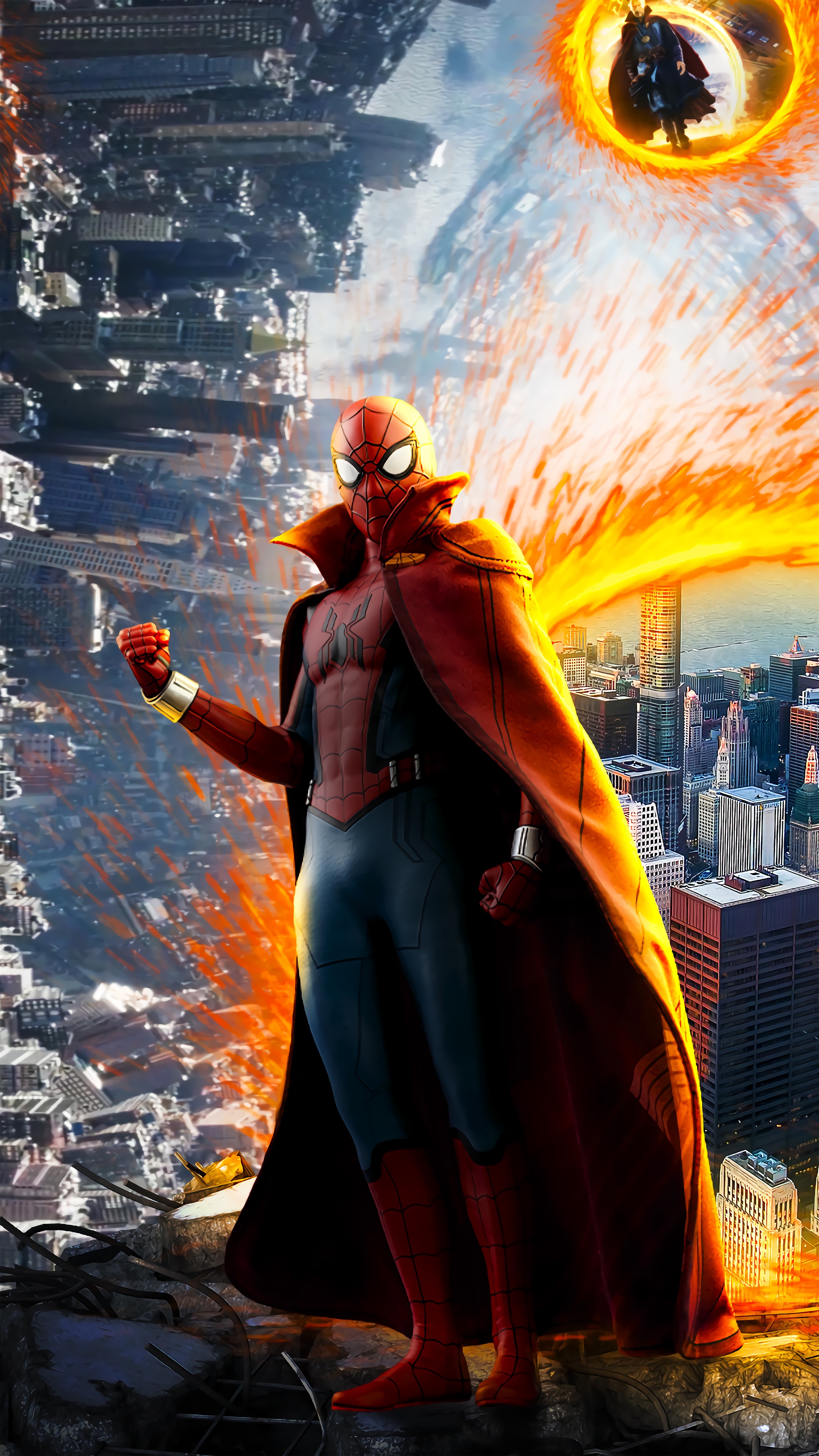 Spider-Man from Marvel in a red cape with Doctor Strange in the background HD Phone Wallpaper