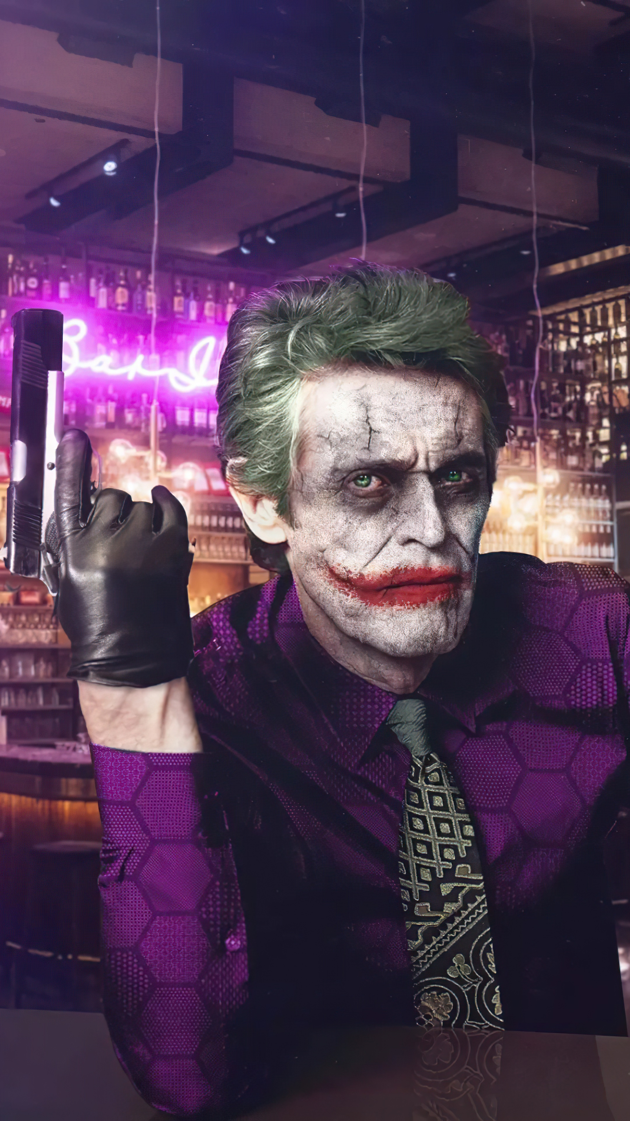 Joker with a gun in a bar HD Phone Wallpaper