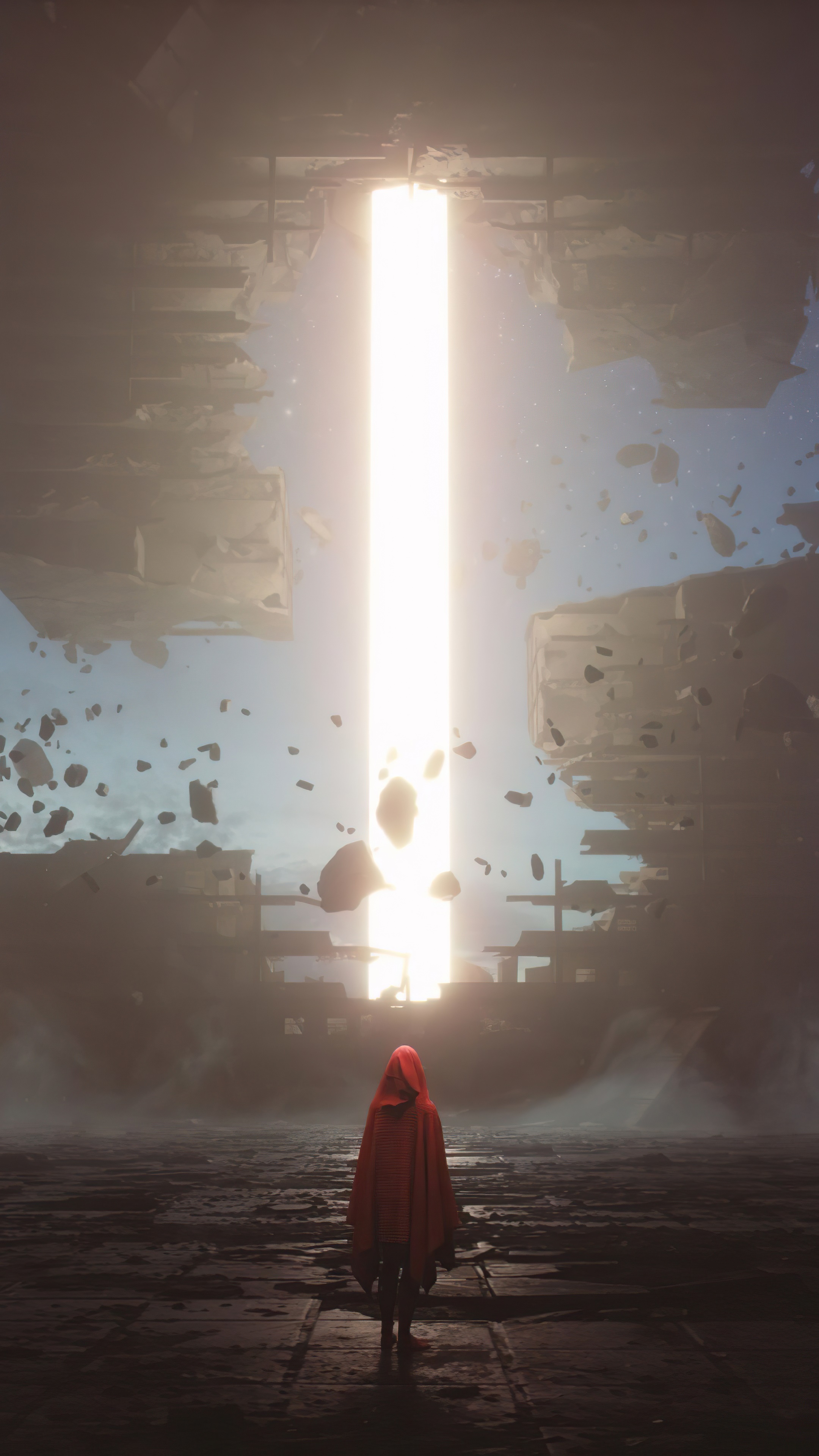 Figure in Red Hood Approaching Light Portal HD Phone Wallpaper