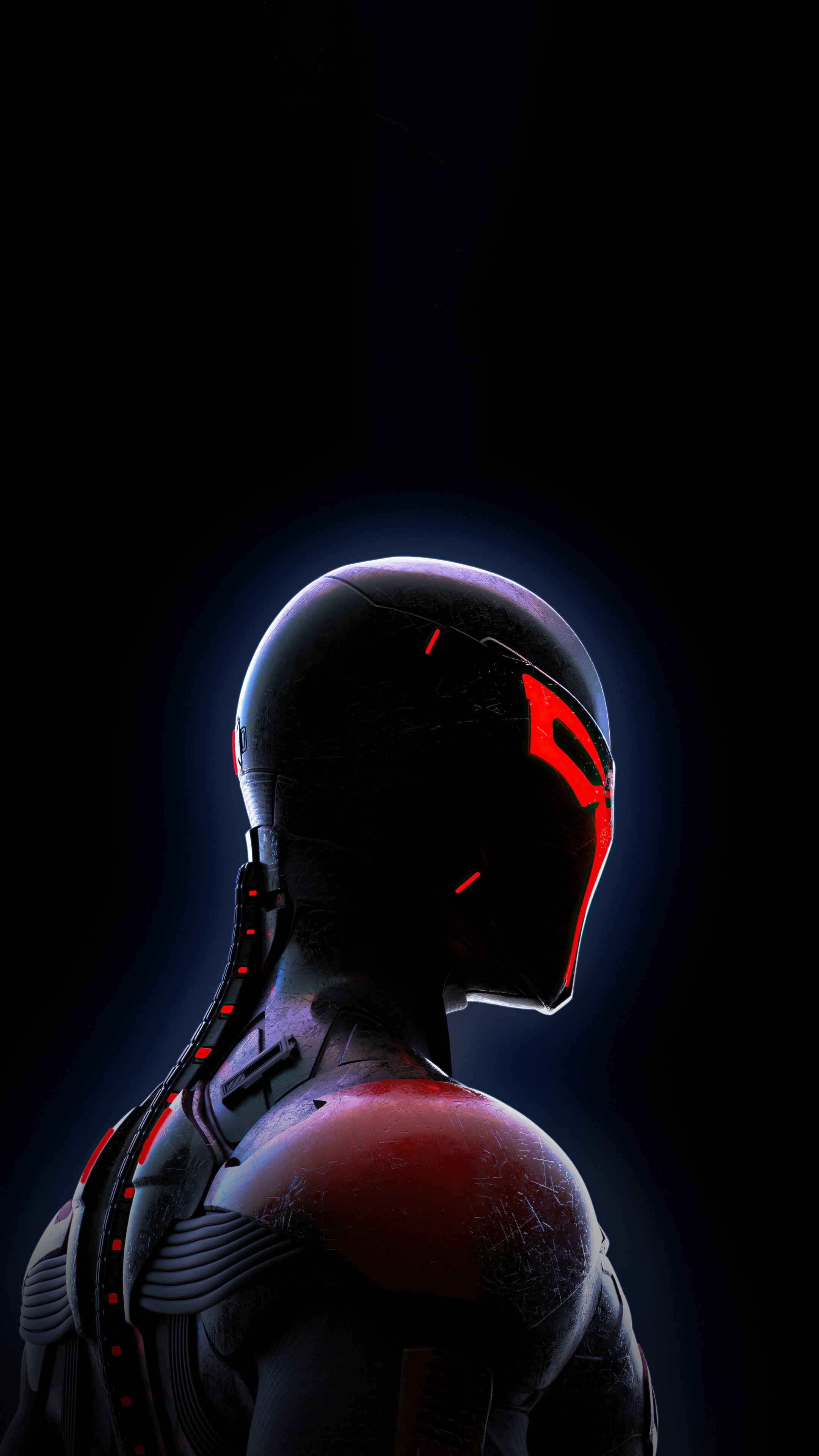 Artwork of a futuristic robot with red glowing accents HD Phone Wallpaper