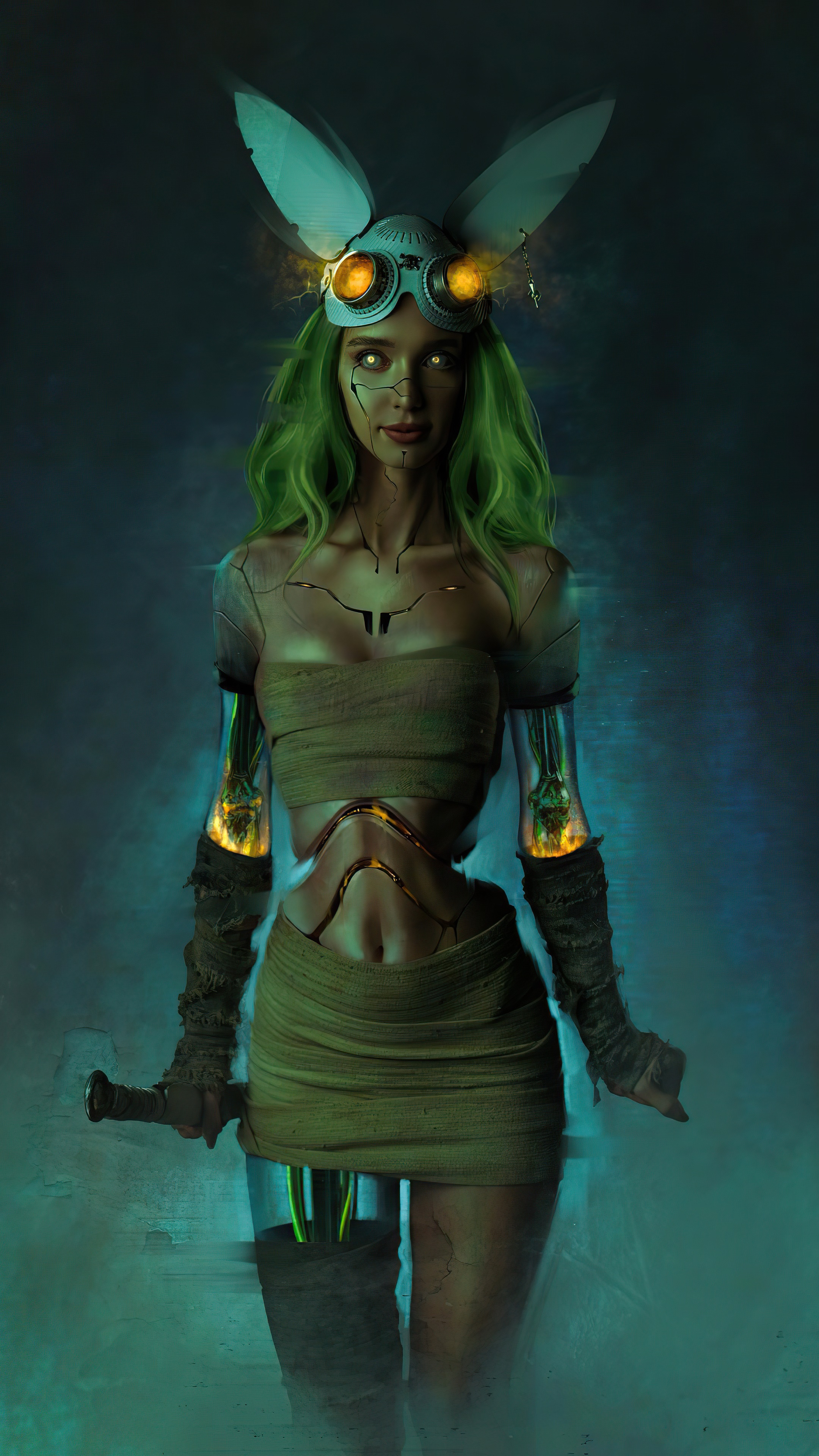Cyborg woman with green hair and bunny ears HD Phone Wallpaper
