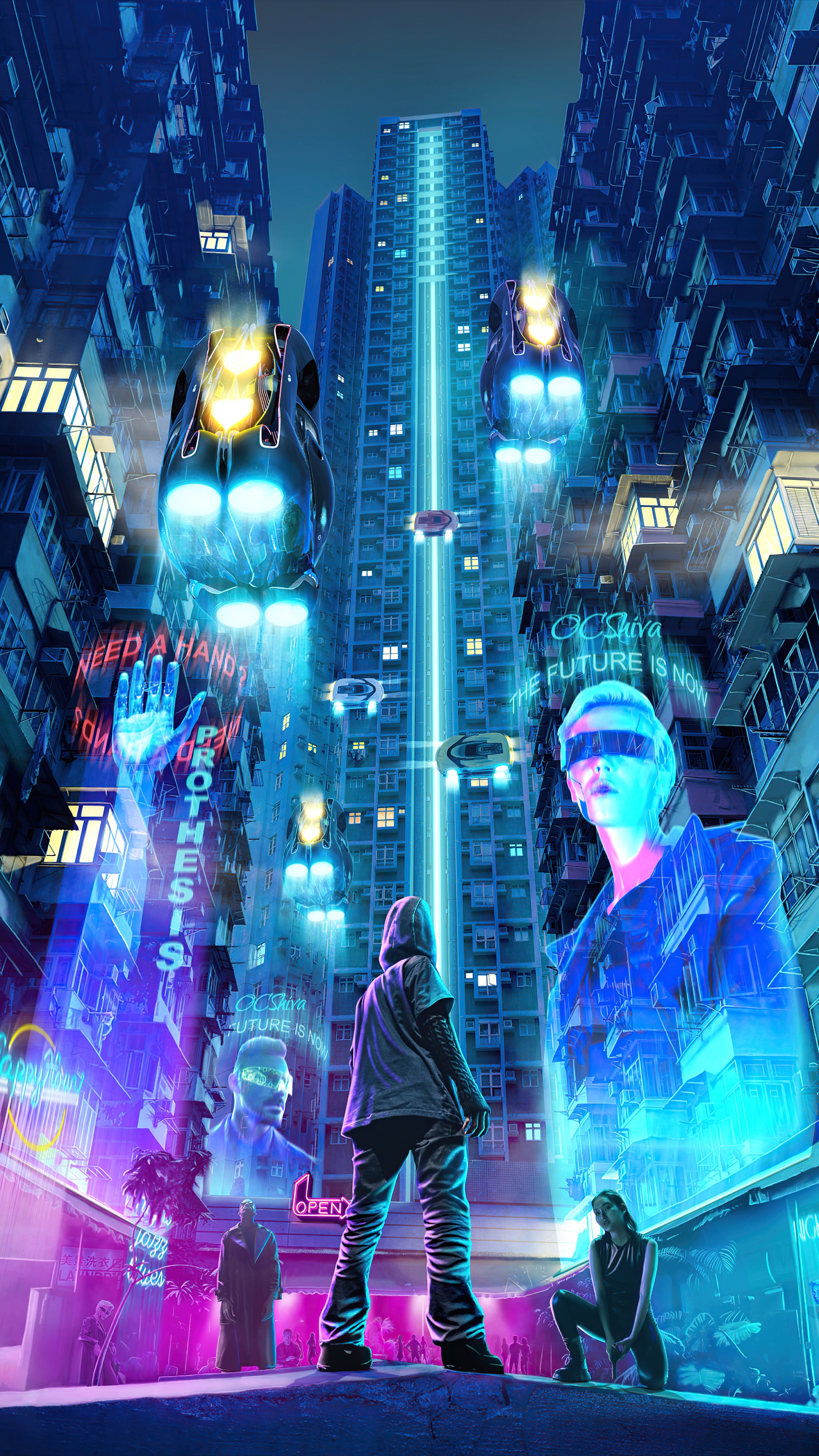 Cyberpunk city with flying vehicles and neon signs HD Phone Wallpaper