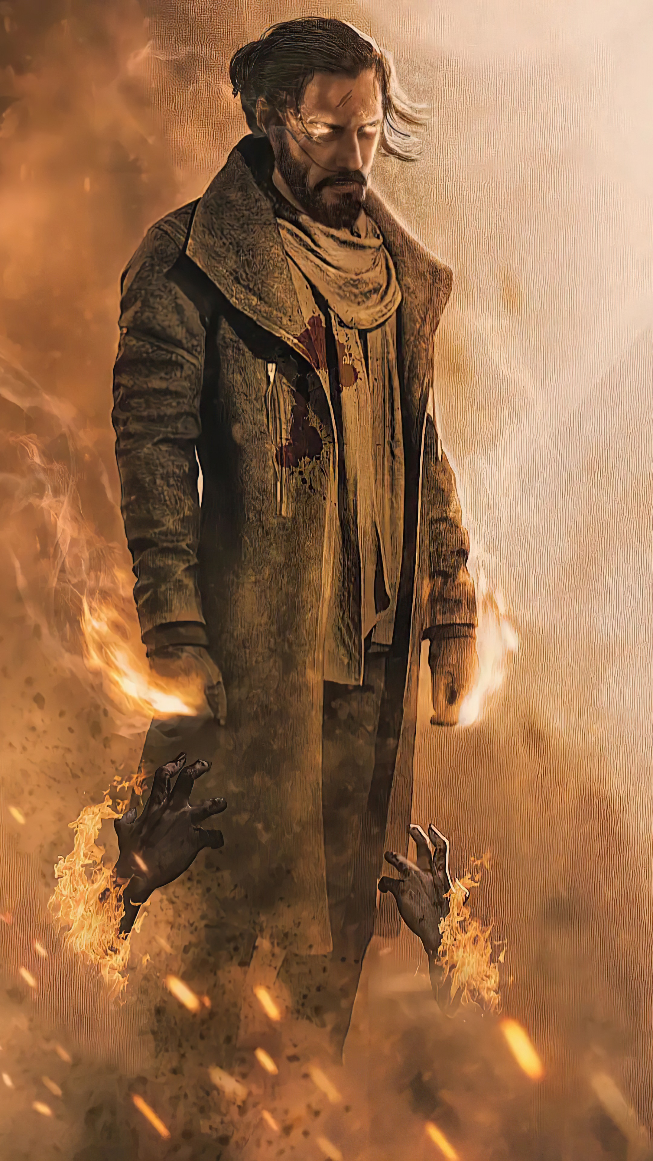 Man with glowing eyes and fiery hands HD Phone Wallpaper
