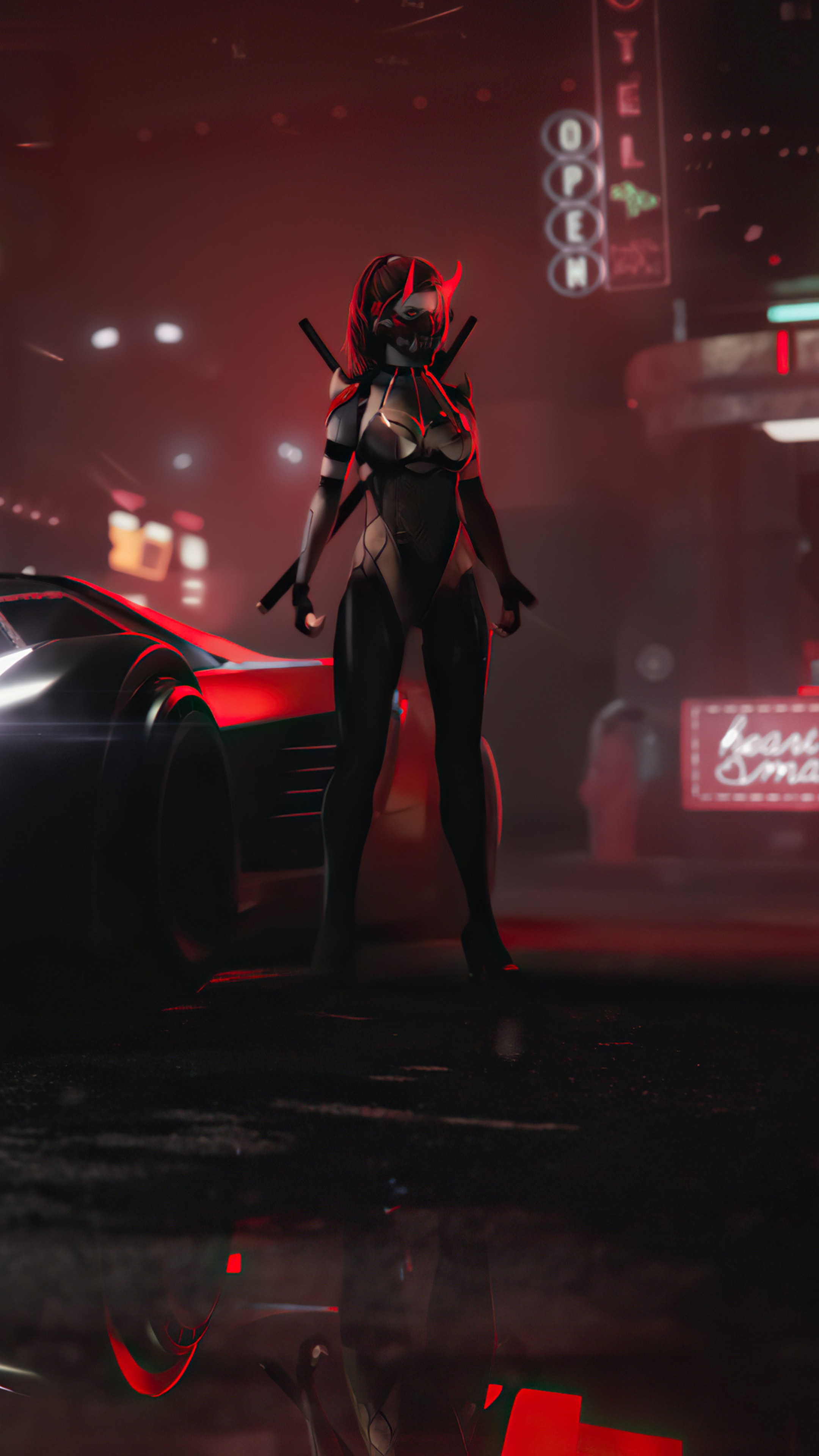Cyberpunk Samurai Woman with Swords and Car HD Phone Wallpaper
