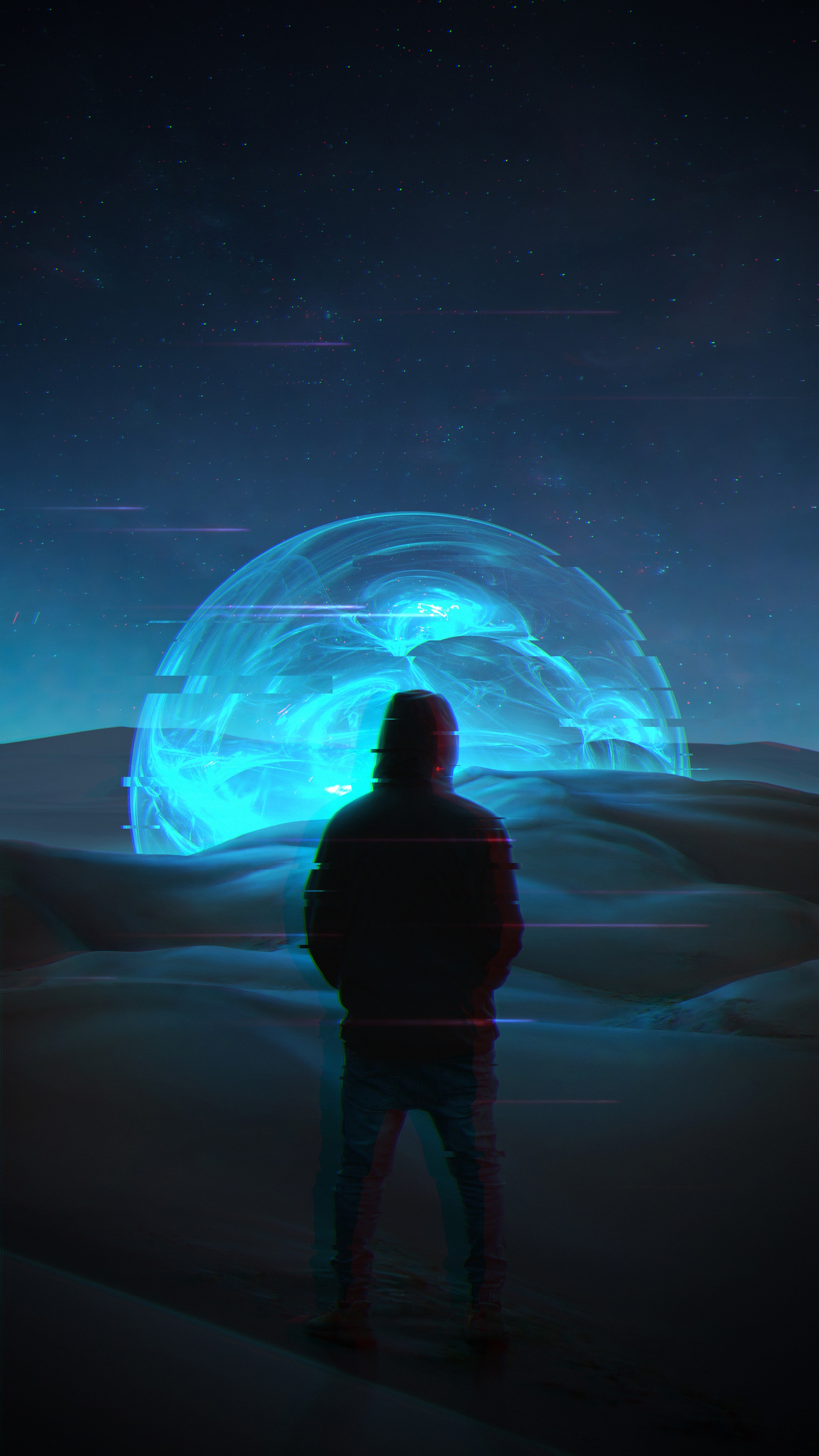 Man in hoodie facing glowing sphere in desert 4K HD Phone Wallpaper