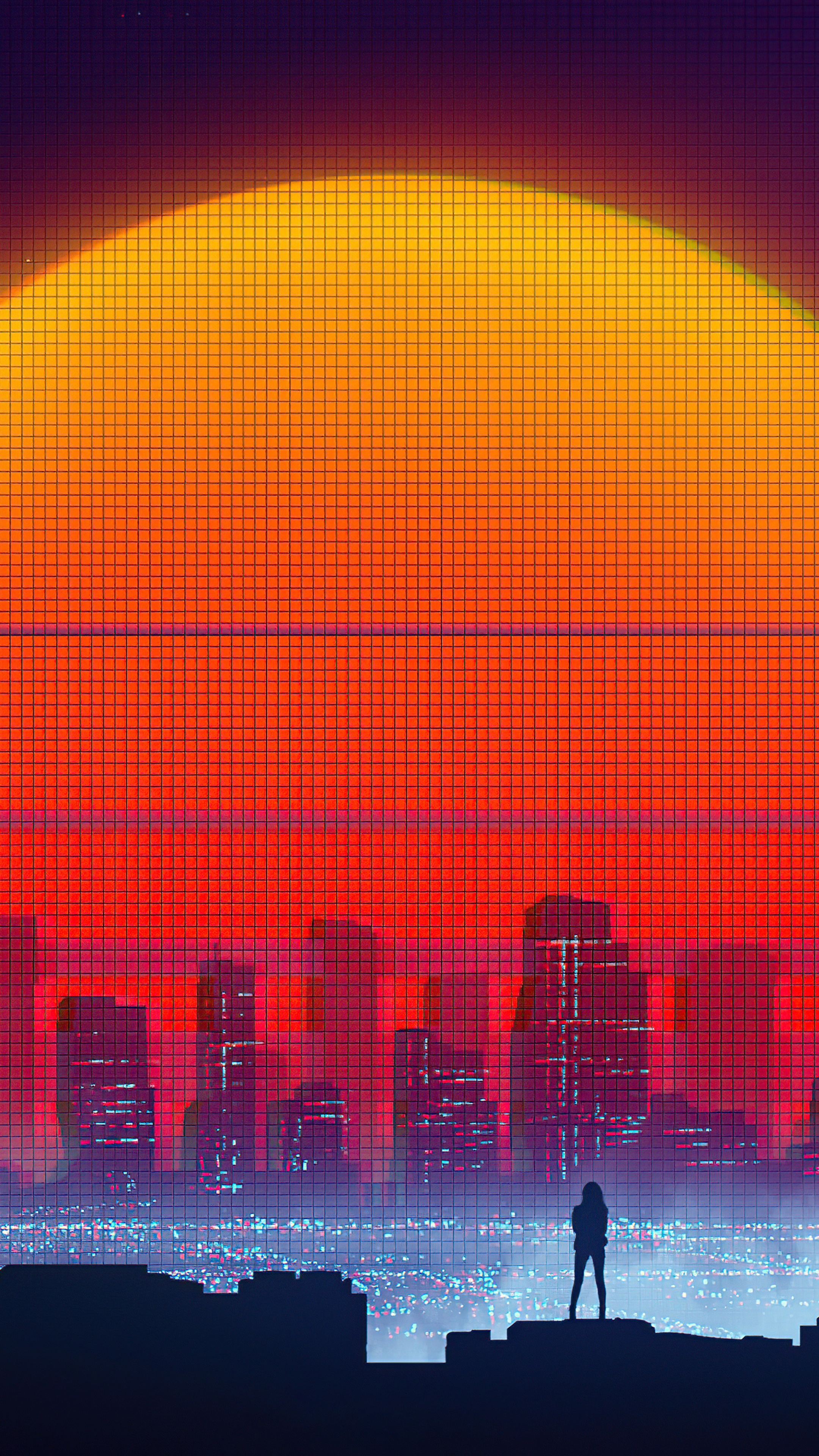 Silhouette of a person overlooking a city at sunset HD Phone Wallpaper