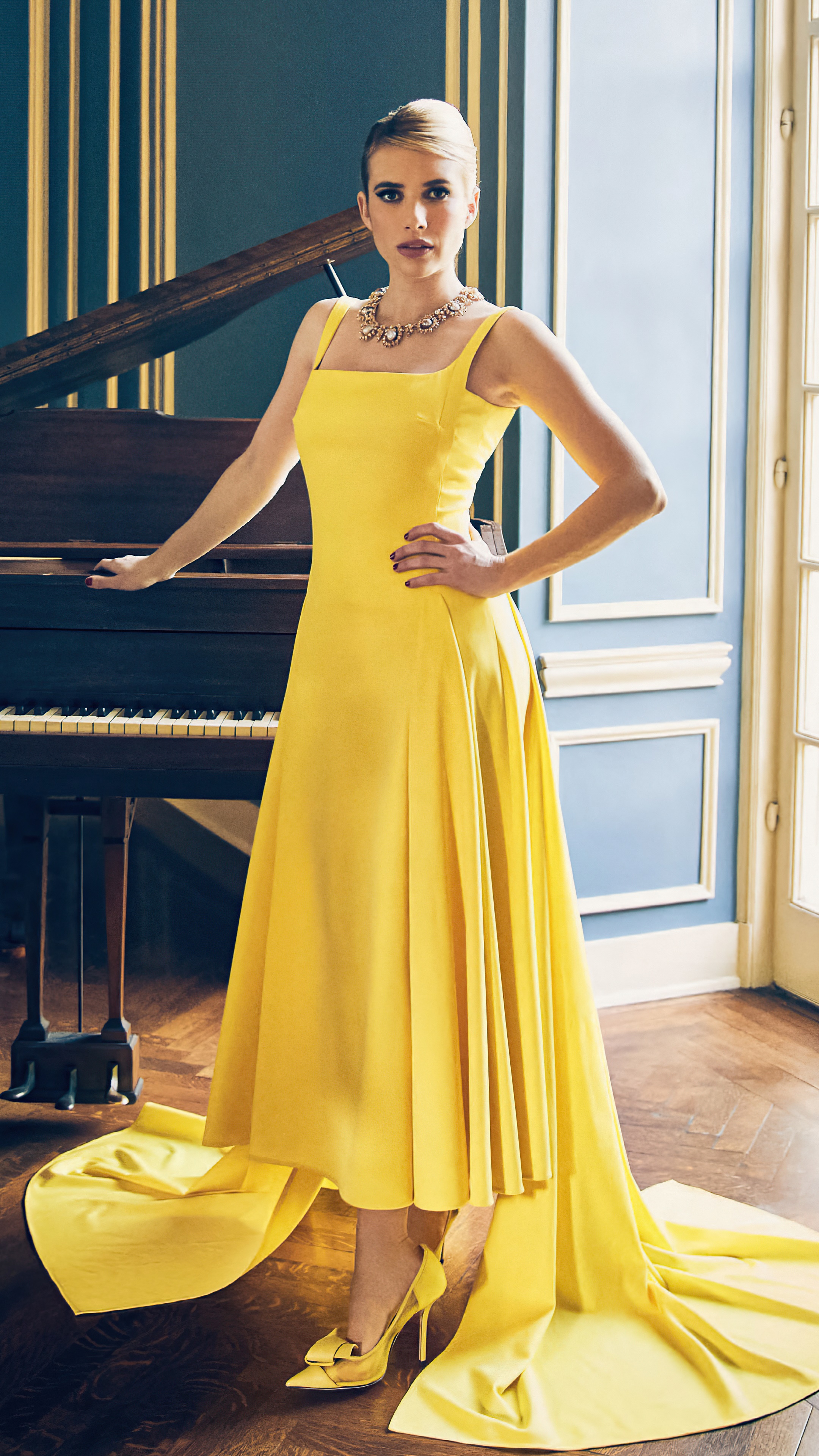 Emma Roberts in Yellow Dress 4K HD Phone Wallpaper